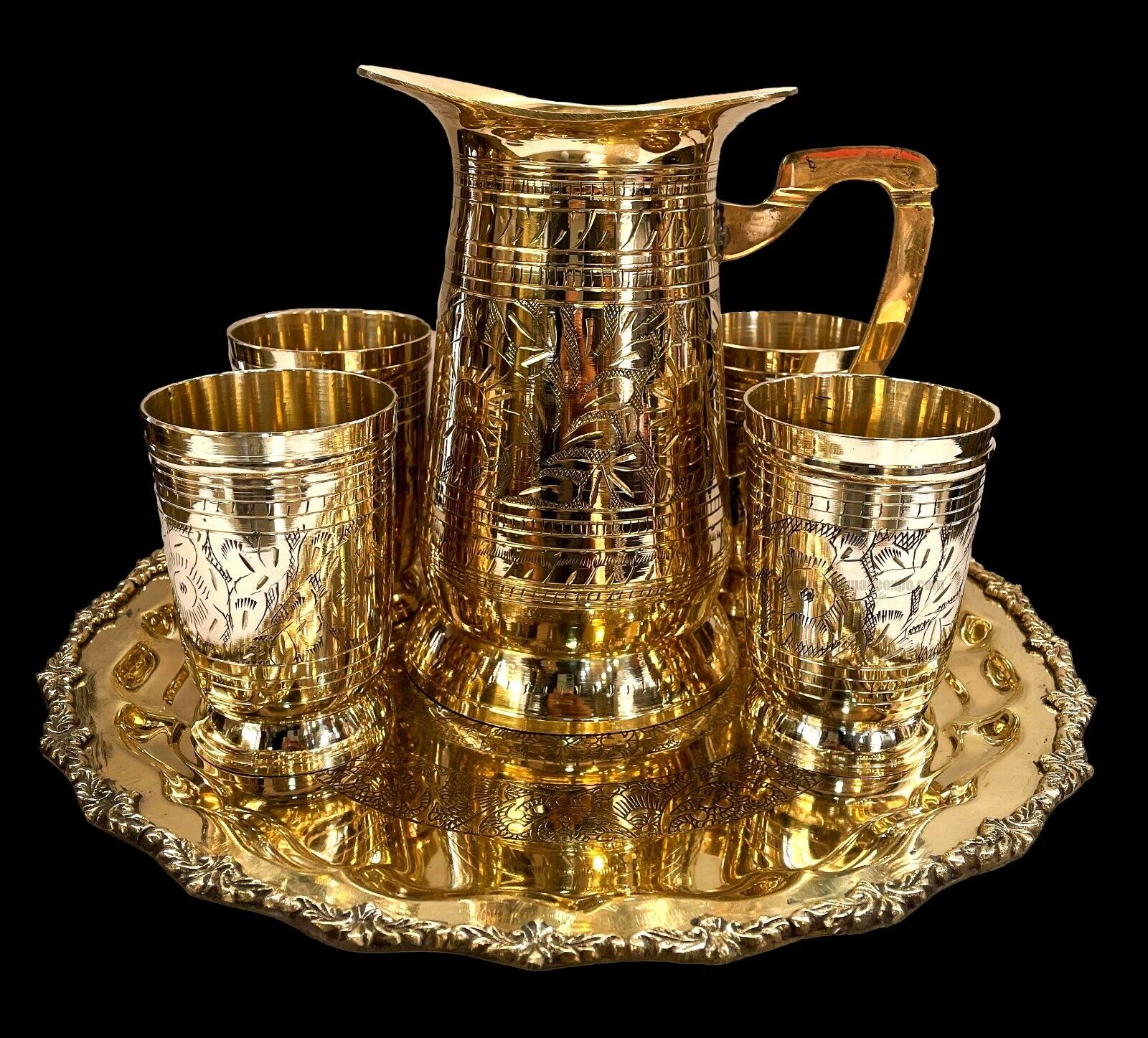 Copper Brass Water Serving Set 1 Jug Tray Five Glasses Tibetan Buddhist Nepal