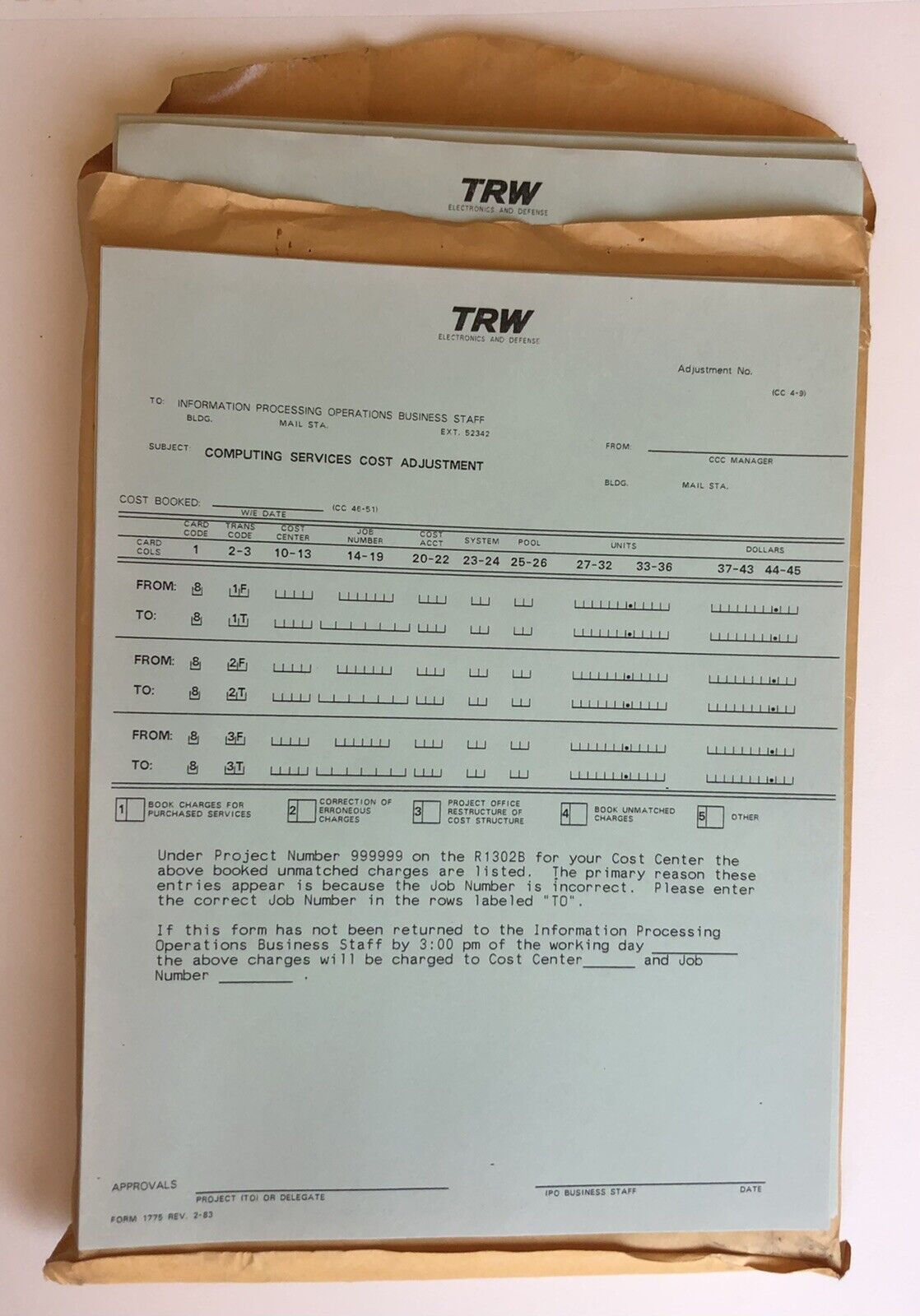 Vintage TRW Defense Electronics Computing Service Adjustment Sheet 200+ NOS USA
