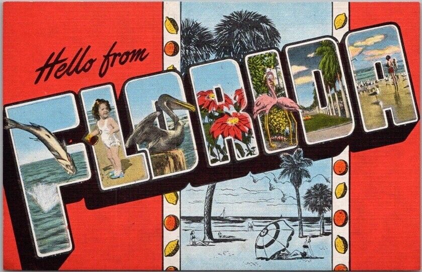 FLORIDA Large Letter Postcard Beach Scene / KROPP Linen c1940s Unused