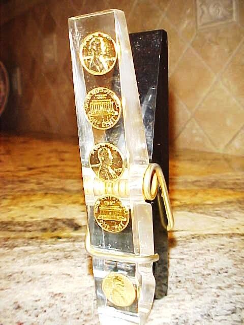 TOO COOL 1973 PENNIES LUCITE LARGE CLOTHESPIN SCULPTURE