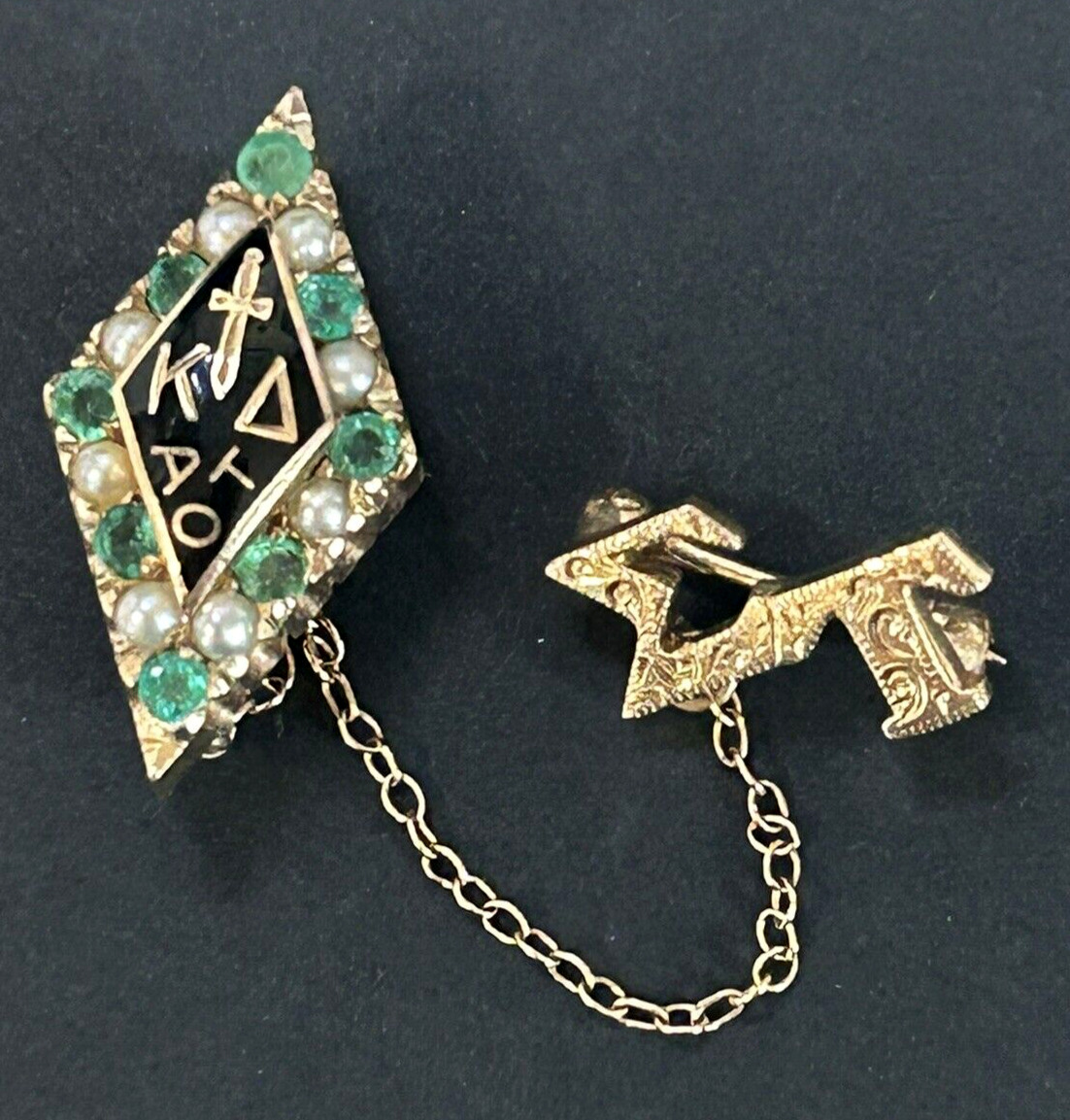 Kappa Delta Sorority 14K Yellow Gold Seed Pearl Emerald Black Enamel Kite Badge
