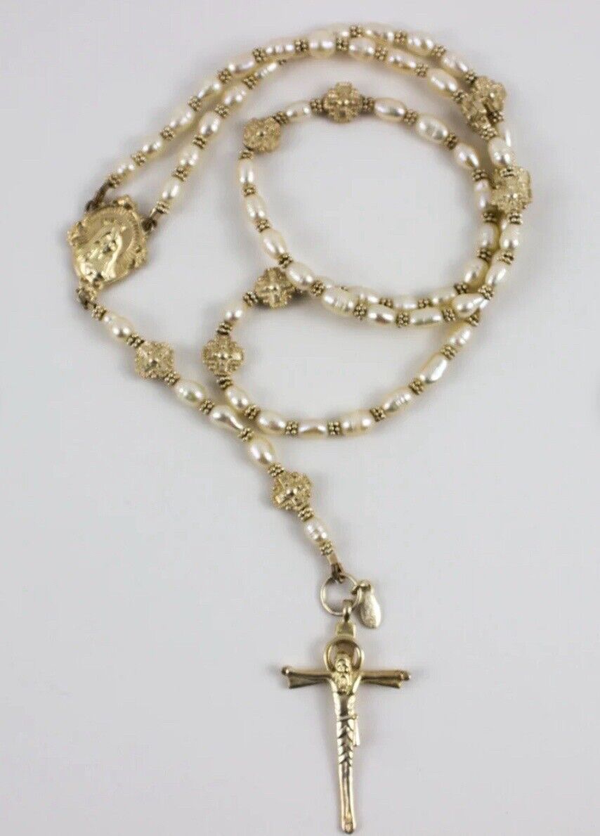 Sterling Silver Rosary Necklace with White Pearls, Jesus Christ Cross Necklace