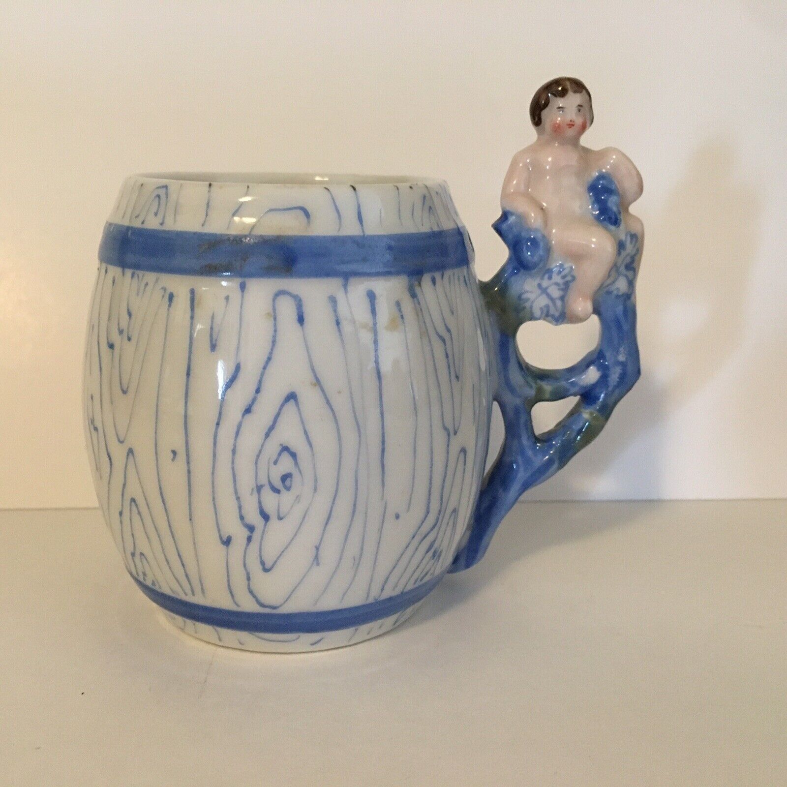 Vintage Ceramic Porcelain Baby Boy Cupid Handle Mug Cup Handle Kids Blue Barrel