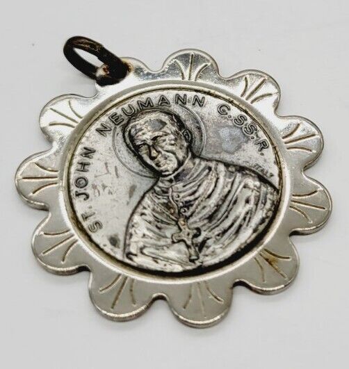 Vintage Catholic St John Neumann Silver Tone Religious Flower Medal Medallion