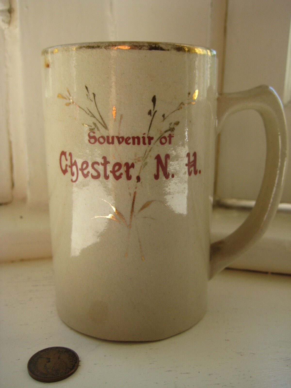 antique Chester NH stoneware MUG cup vintage gold stein tankard New Hampshire