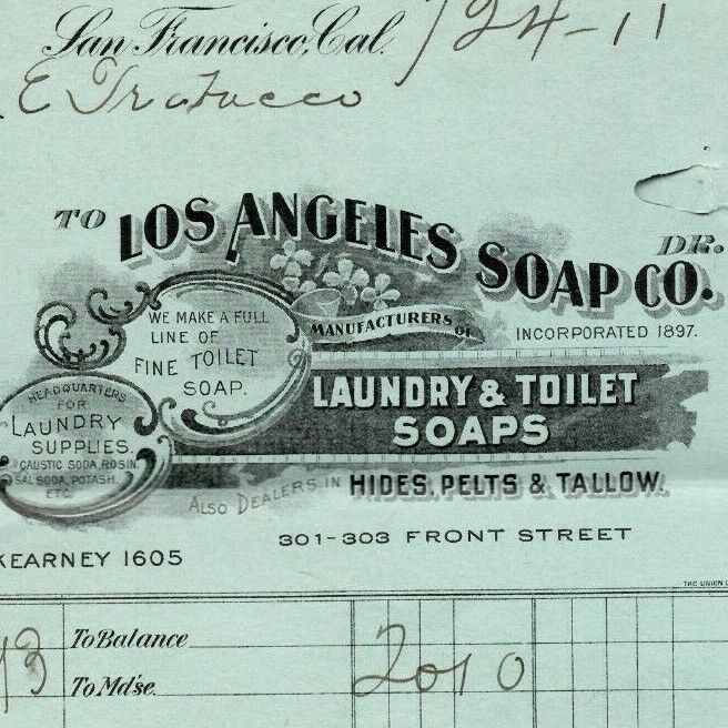 1911 Los Angeles Soap Co. Hides Pelts Skins Tallow Resin Statement / Letterhead