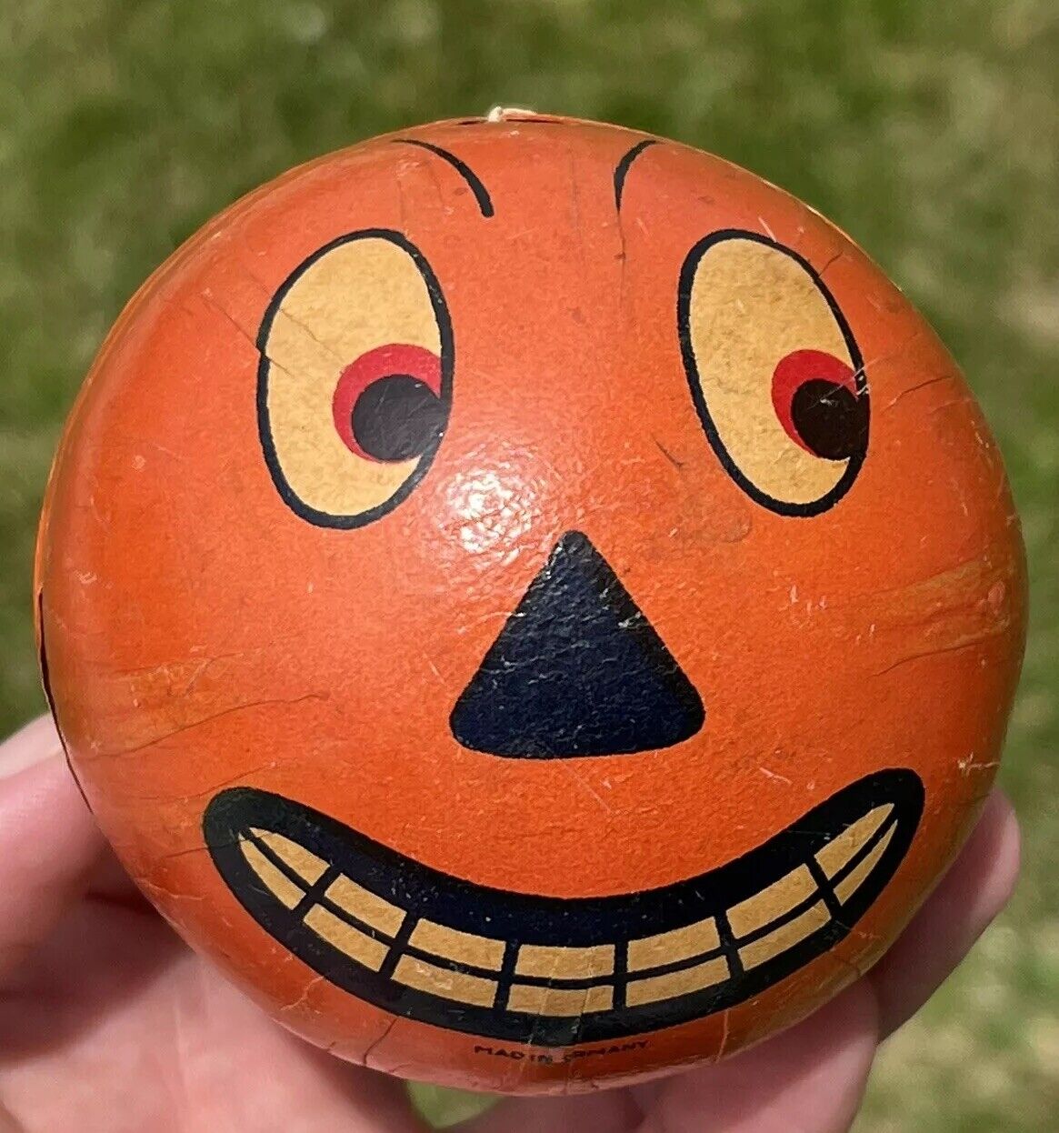 Early Miniature 4” German Halloween Rattle Ball Pumpkin 2 Face Noisemaker Great