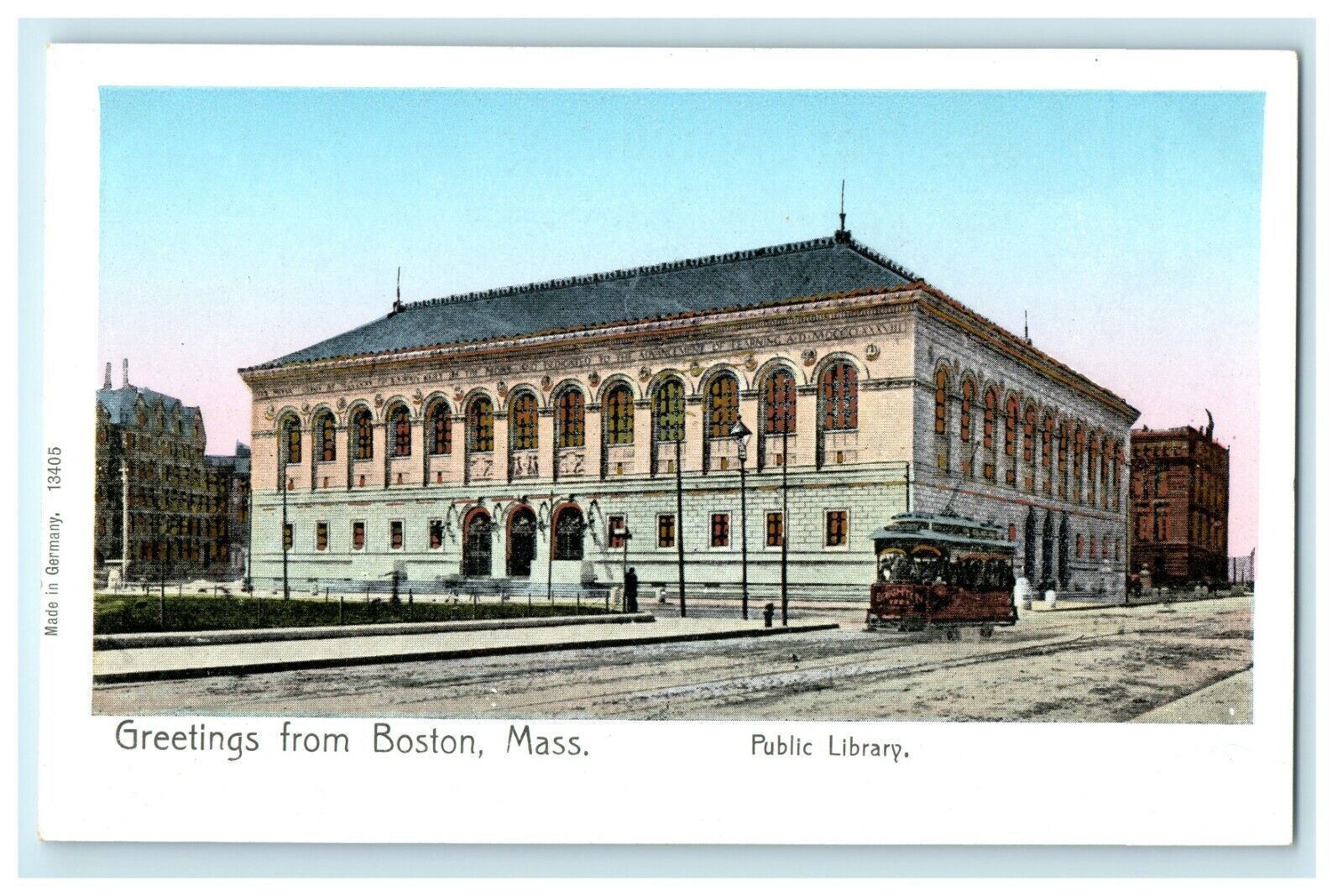 c1905 Copper Windows Greetings From Boston Public Library Trolley MA Postcard
