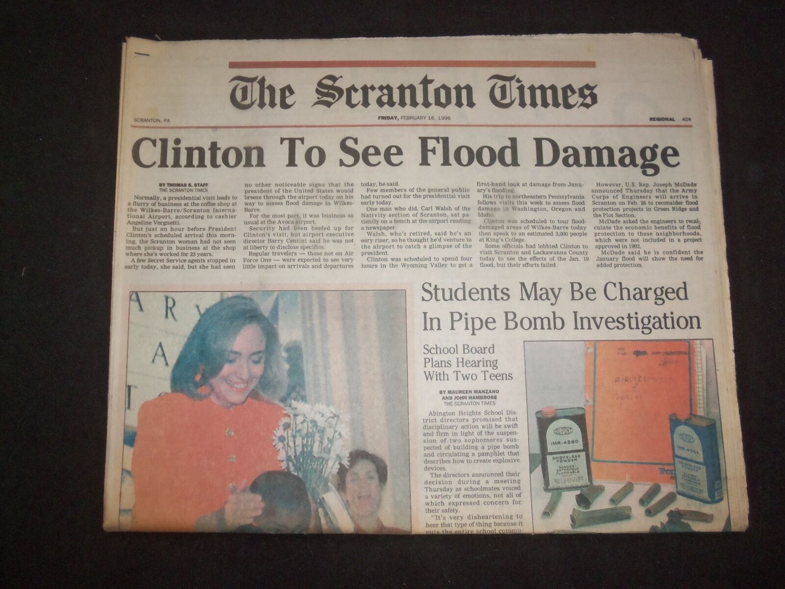 1996 FEB 16 THE SCRANTON TIMES NEWSPAPER - CLINTON TO SEE FLOOD DAMAGE - NP 8362