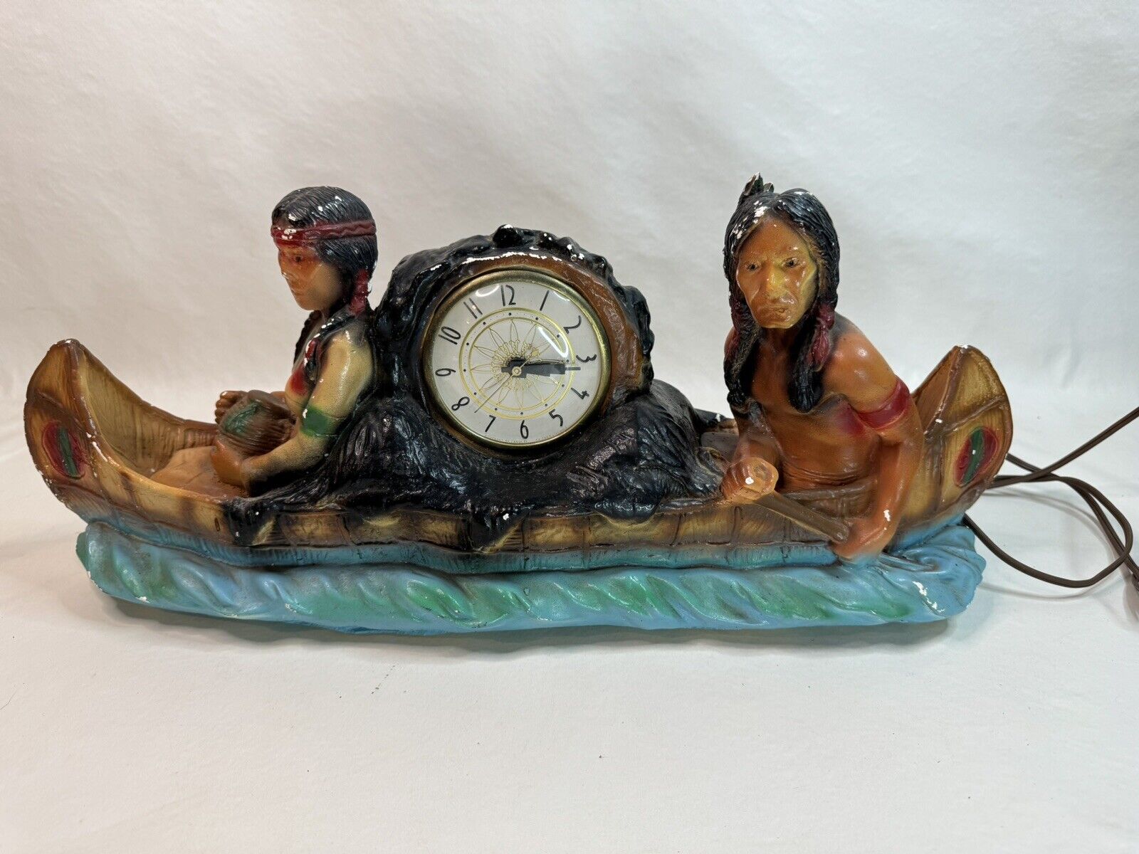 Vintage 50’s Indians In Canoe Chalkware Electric Clock Statue Large Minor Wear