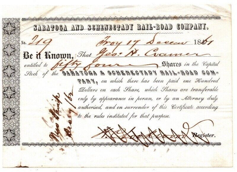Saratoga and Schenectady Rail-Road Company 1861, 50 Shares., receipt Geo Cramer