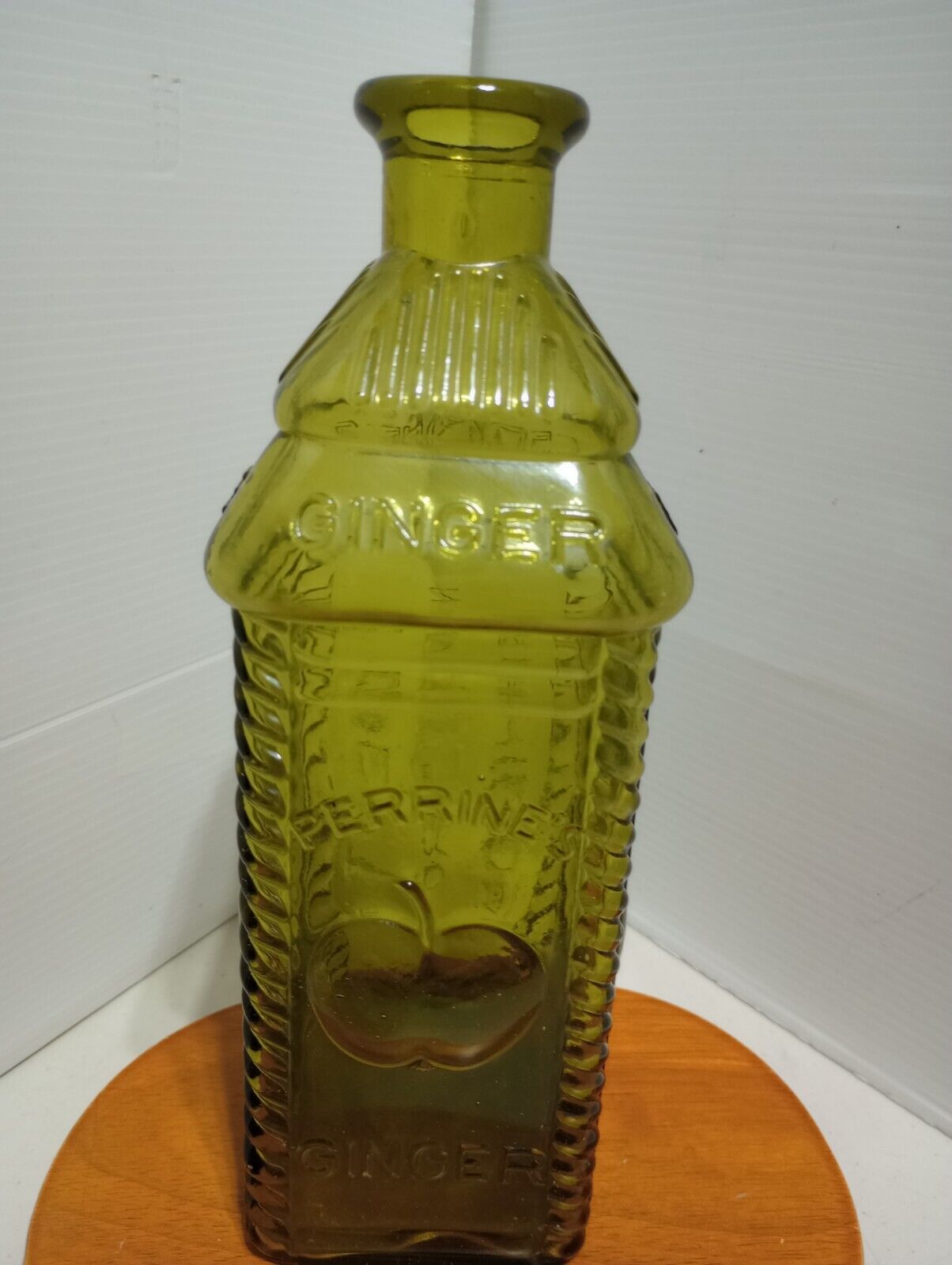 Vintage Wheaton Perrine\'s Apple/Ginger Embossed Green Bottle
