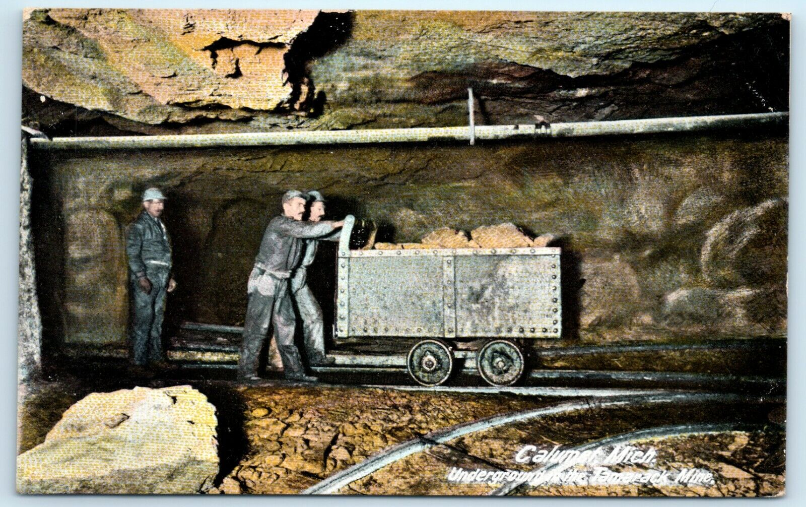 POSTCARD Underground in the Tamarack Mine Calumet Michigan Rail Car Track Worker