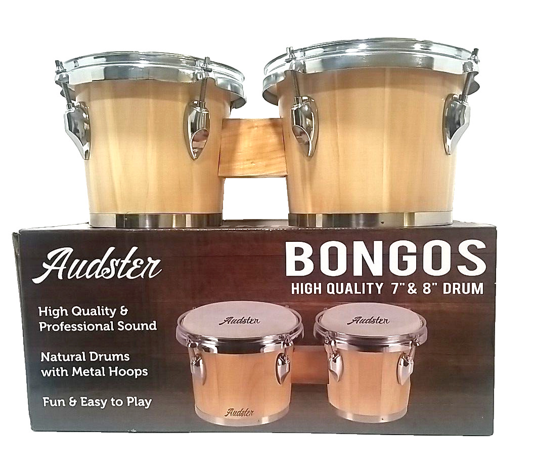 Audster Percussion Bongo Drums Natural Wood Metal Hoops Tuning Key 7\