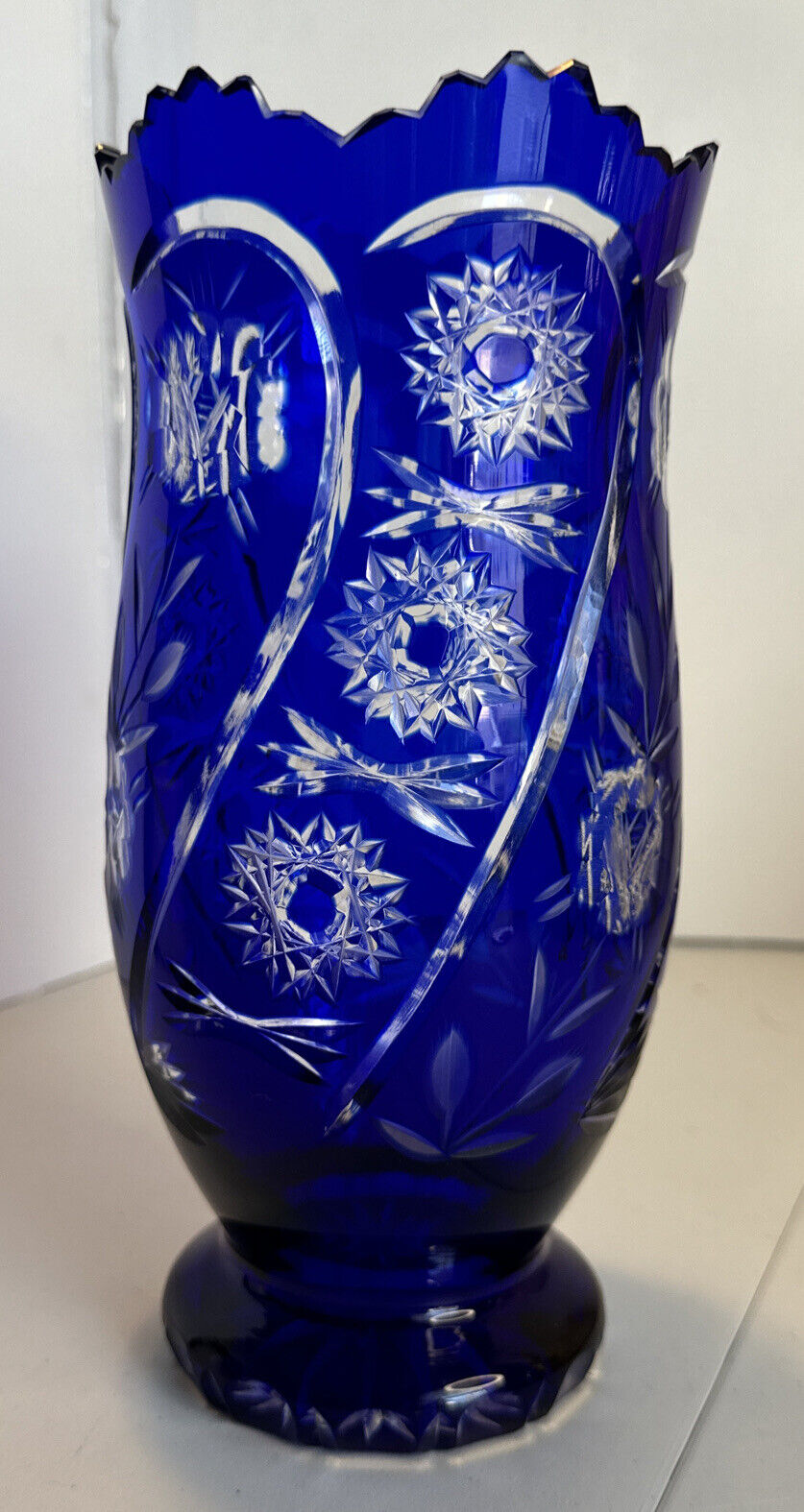 Bohemian Art Glass Blue Cut To Clear Wide Vase 9.5” 24% Lead Excellent Condition