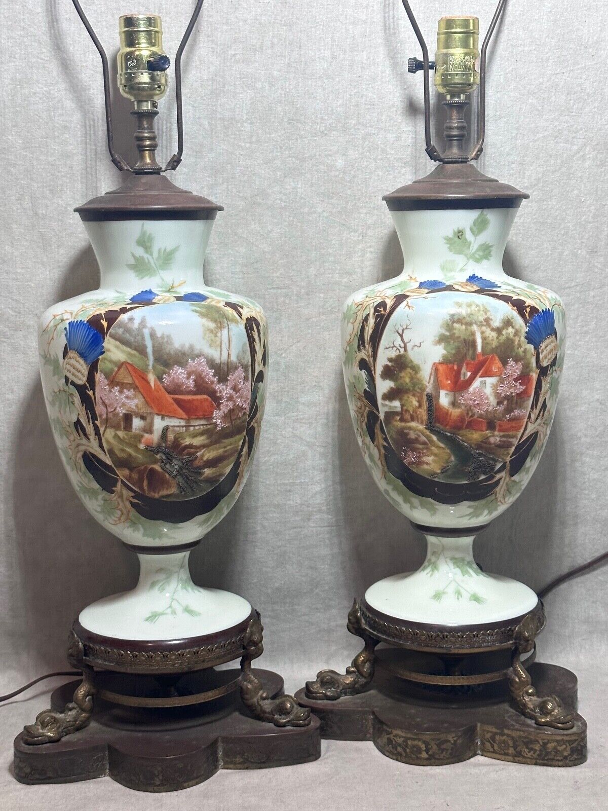 Lg Antique Hand Enameled Painted Bristol Opaline Glass Pair Lamps Cottage Scene