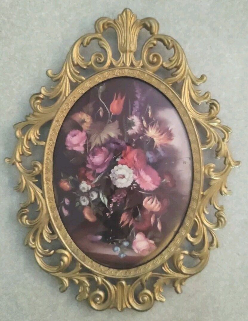 VTG Victorian Floral Oval Ornate Brass Frame Picture Flowers Bouquet Bubble Glas