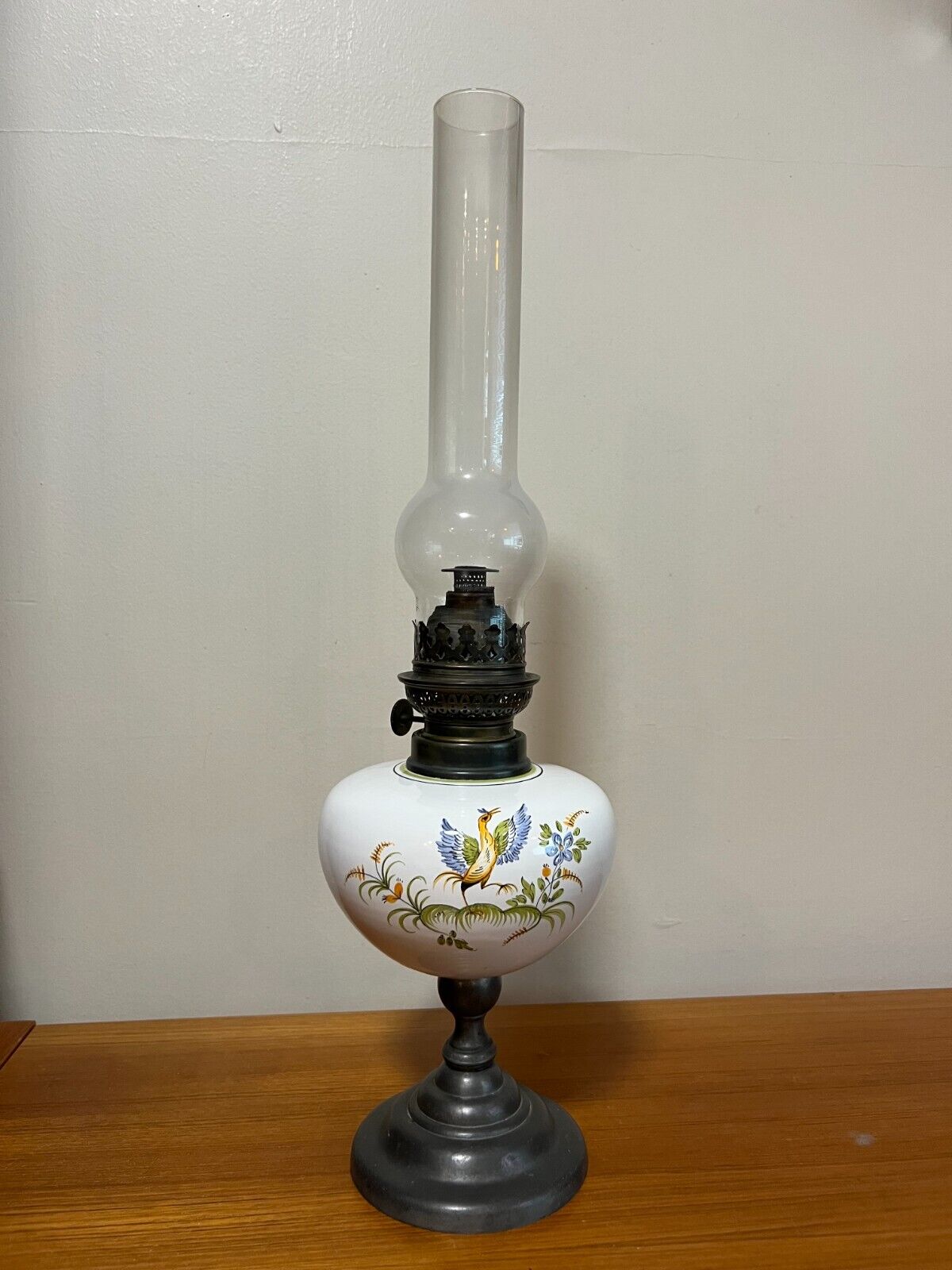 Vintage Les Etains de L\'abbaye French Ceramic and Pewter Oil Lamp, 19 3/4\