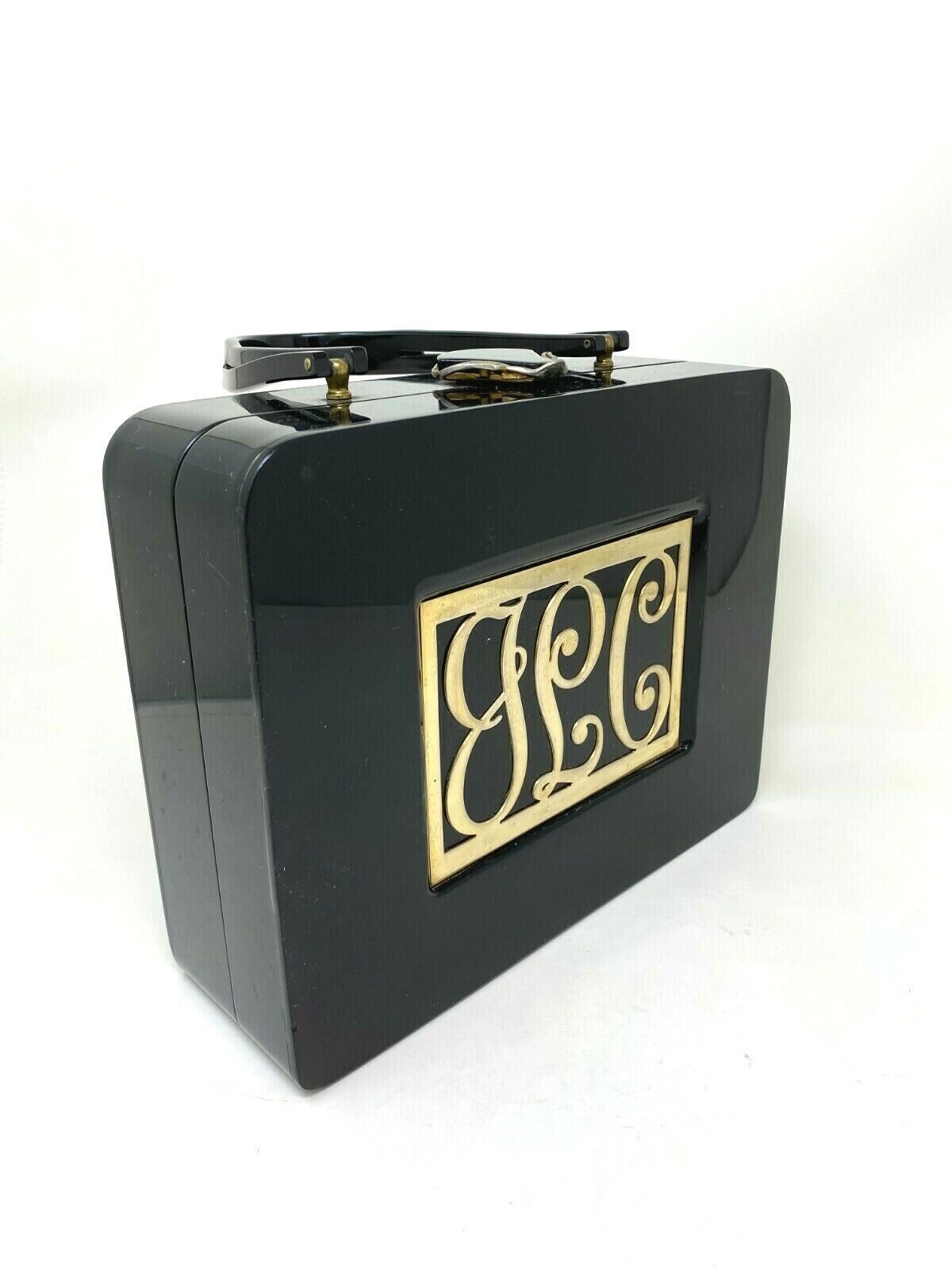 Vintage 1950s Gold Initialed Black Lucite Box Purse Rare GOOD
