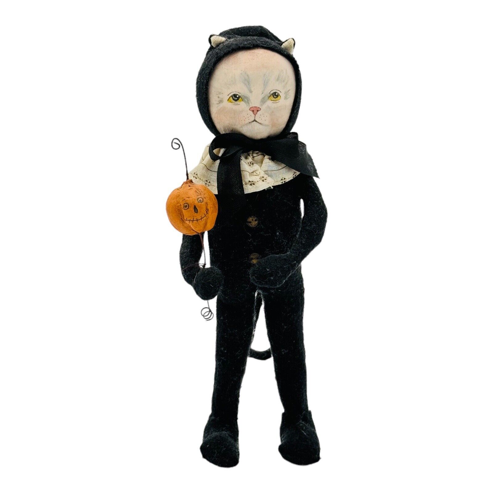 Halloween Primitive Folk Art Cat In Costume Pumpkin Hand Painted Face OOAK