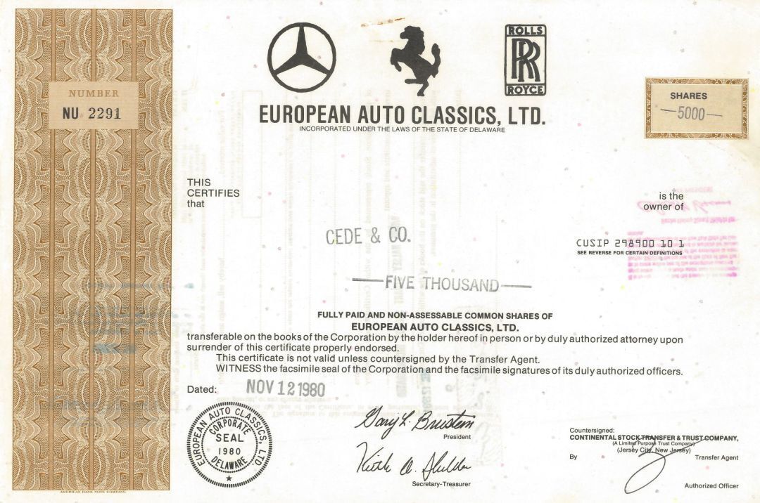 European Auto Classics, Ltd. - 1980's dated Automotive Stock Certificate - Showi