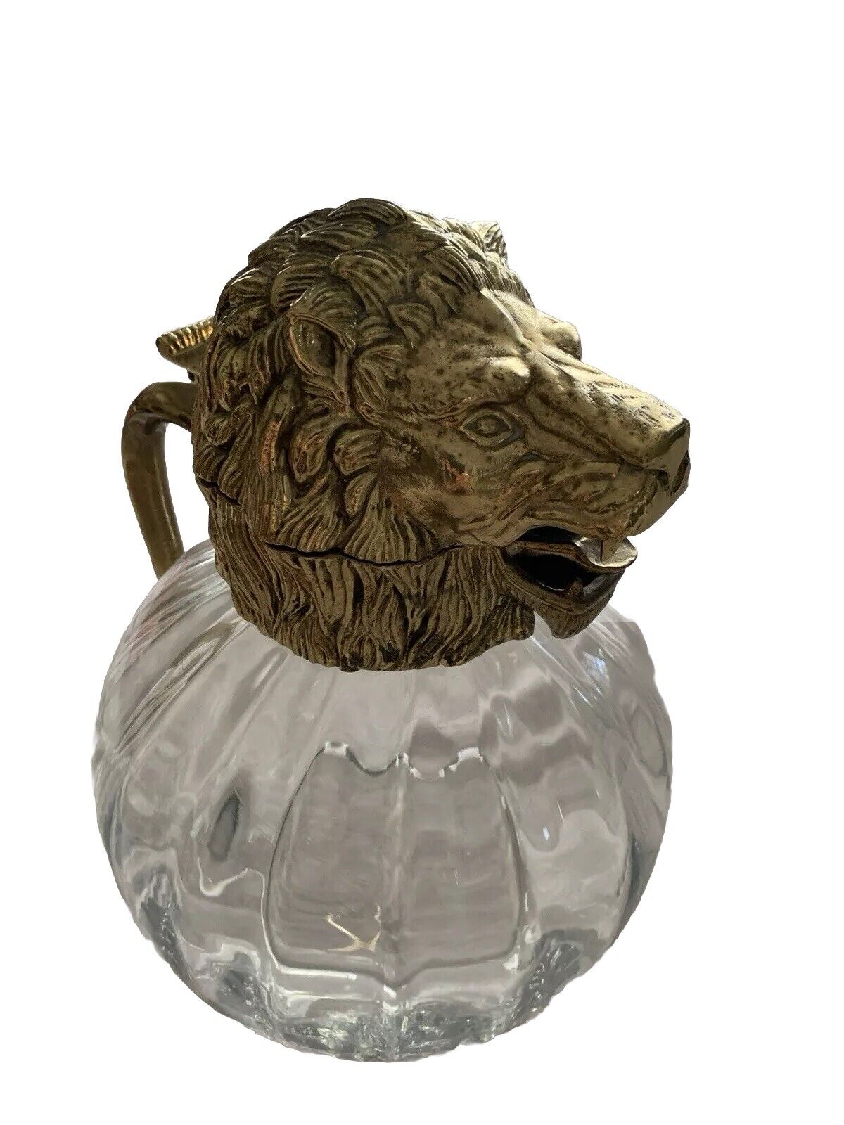 Vintage RARE Signed Valenti Glass Pitcher Brass Lion Head FINELY CRAFTED