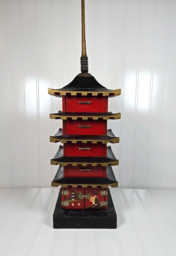 Japanese 5 Tiered Pagoda Jewelry Box Wood Hand Painted -23\