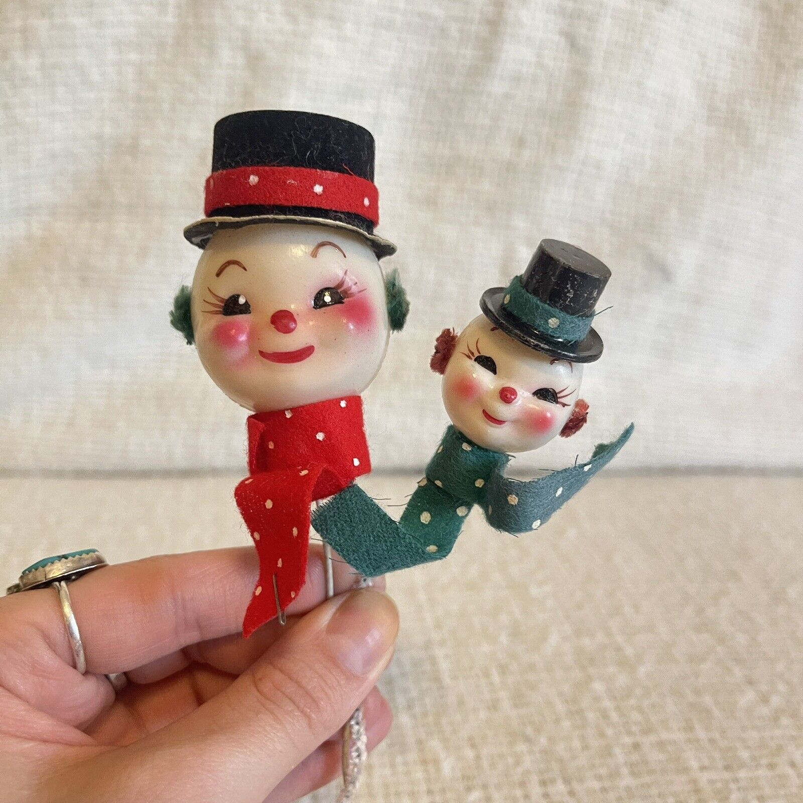 Vintage Polka Dot Snowman Christmas Knee Hugger Elf Head Doll Posable