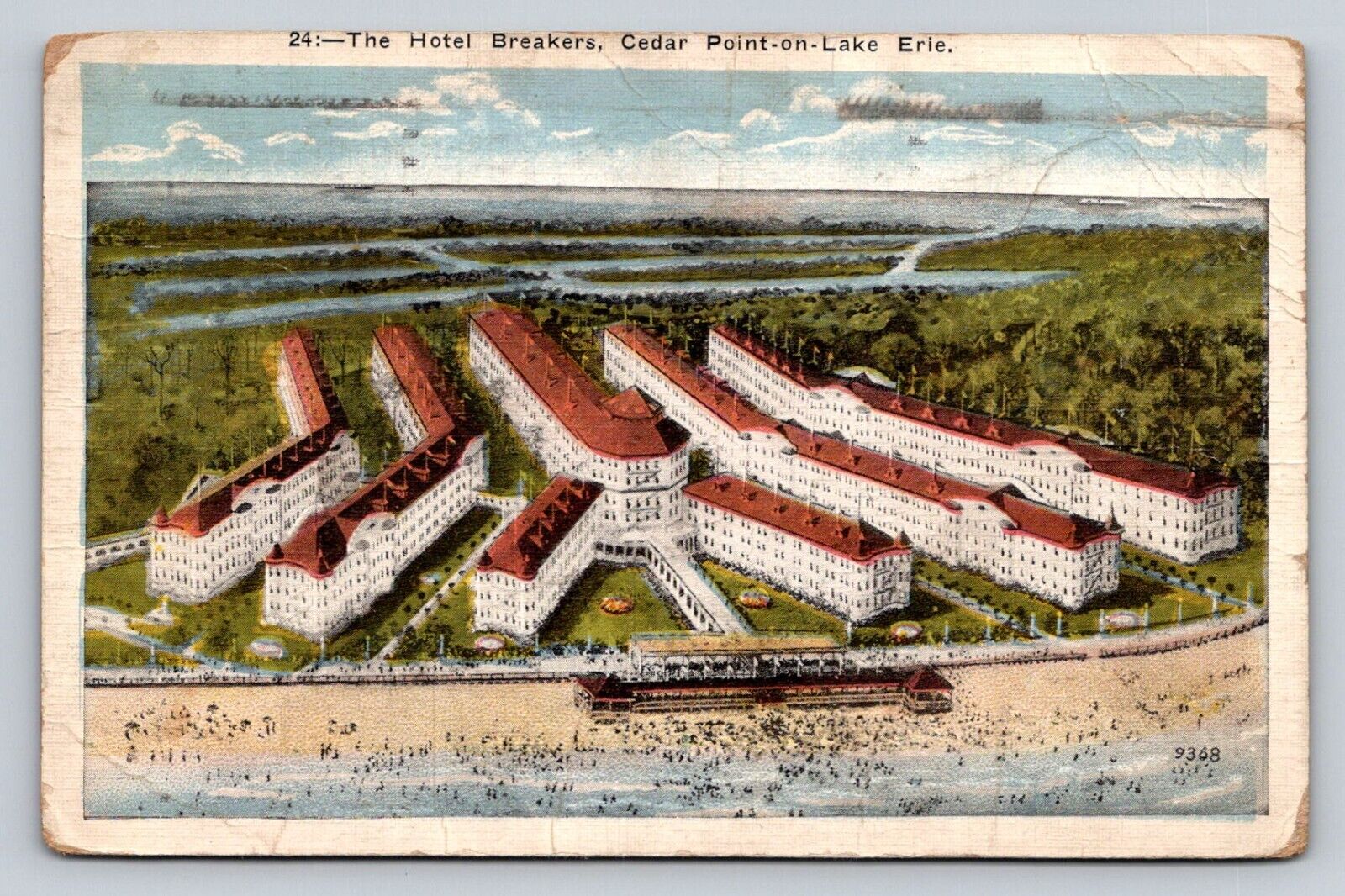 c1920 Aerial View Hotel Breakers Cedar Point On Lake Erie Ohio P53A