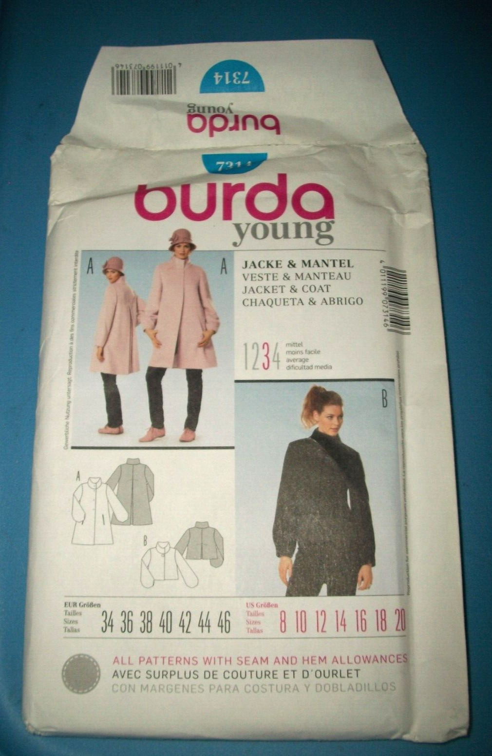 Miss Burda Young 7314 Pattern Jacket & Coat Uncut Plus Size 8-10-12-14-16-18-20