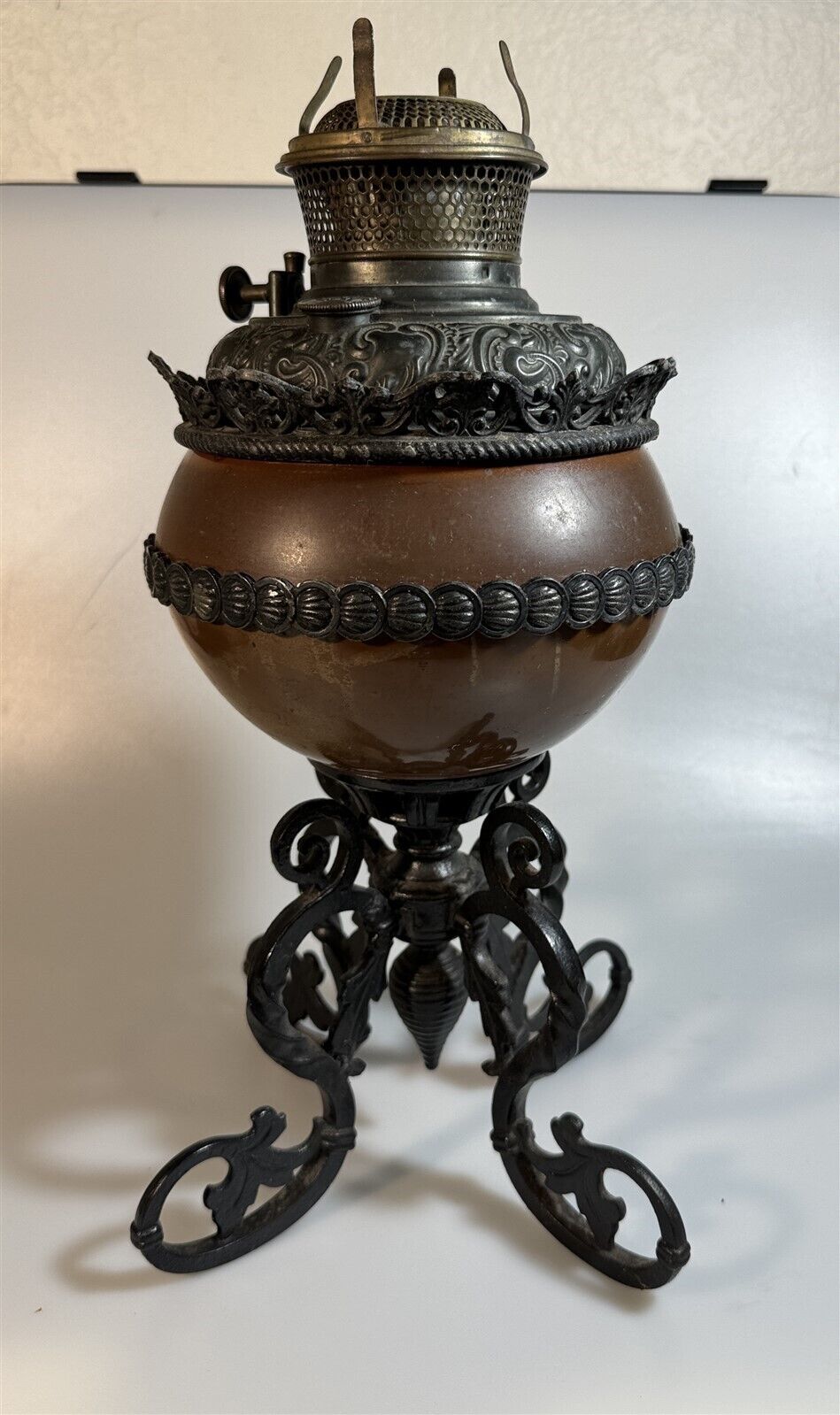 Antique Victorian B&H Kerosene Parlor Lamp Floral Design Wrought Iron GWTW