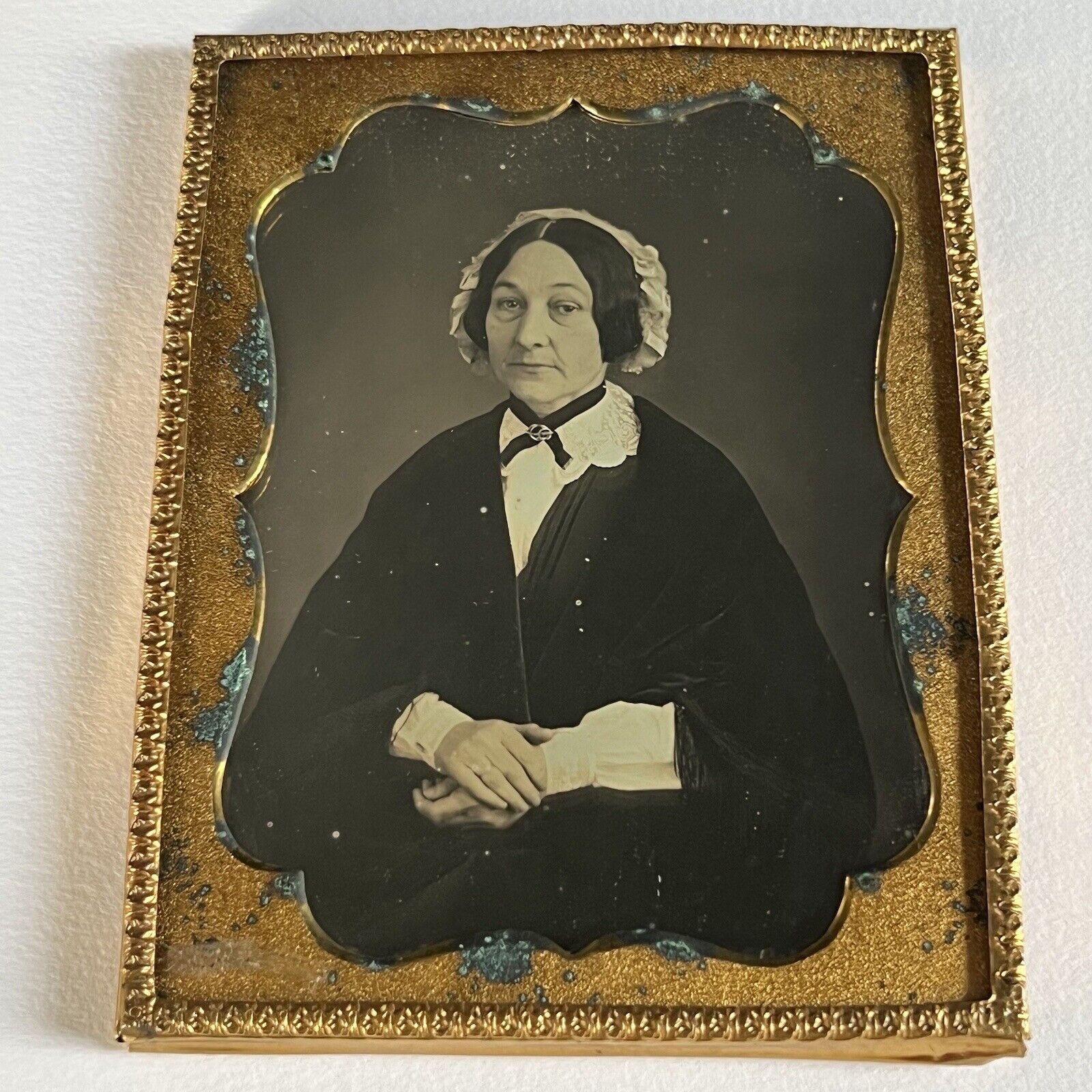 Antique 1/4 Plate Daguerreotype Photograph Lovely Demure Mature Woman Bonnet