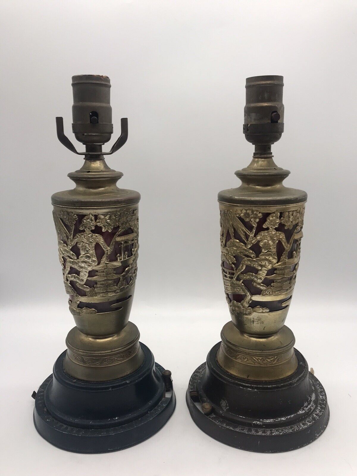 RARE 2 UNIQUE BRASS/METAL TWO TONE RUBY RED LAMPS WITH MUSIC BOX BUILT IN