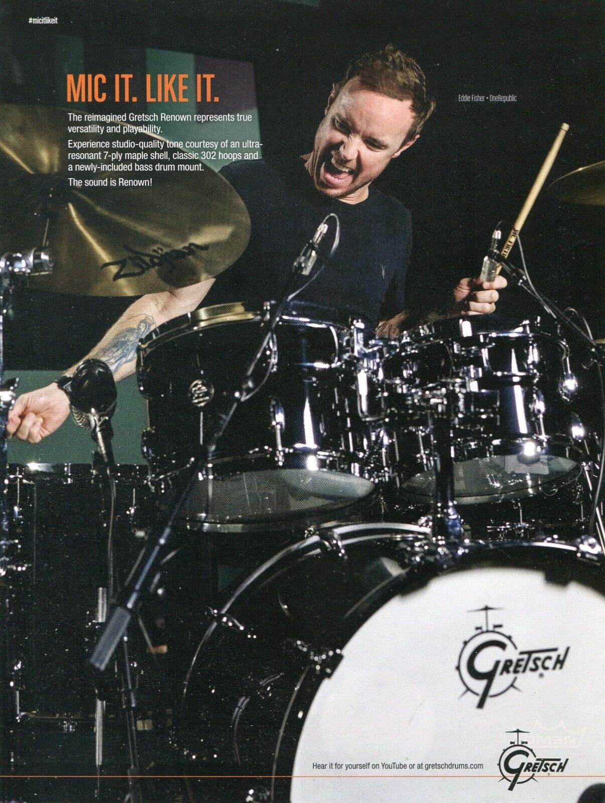 2017 Print Ad of Gretsch Renown Drum Kit w Eddie Fisher of OneRepublic