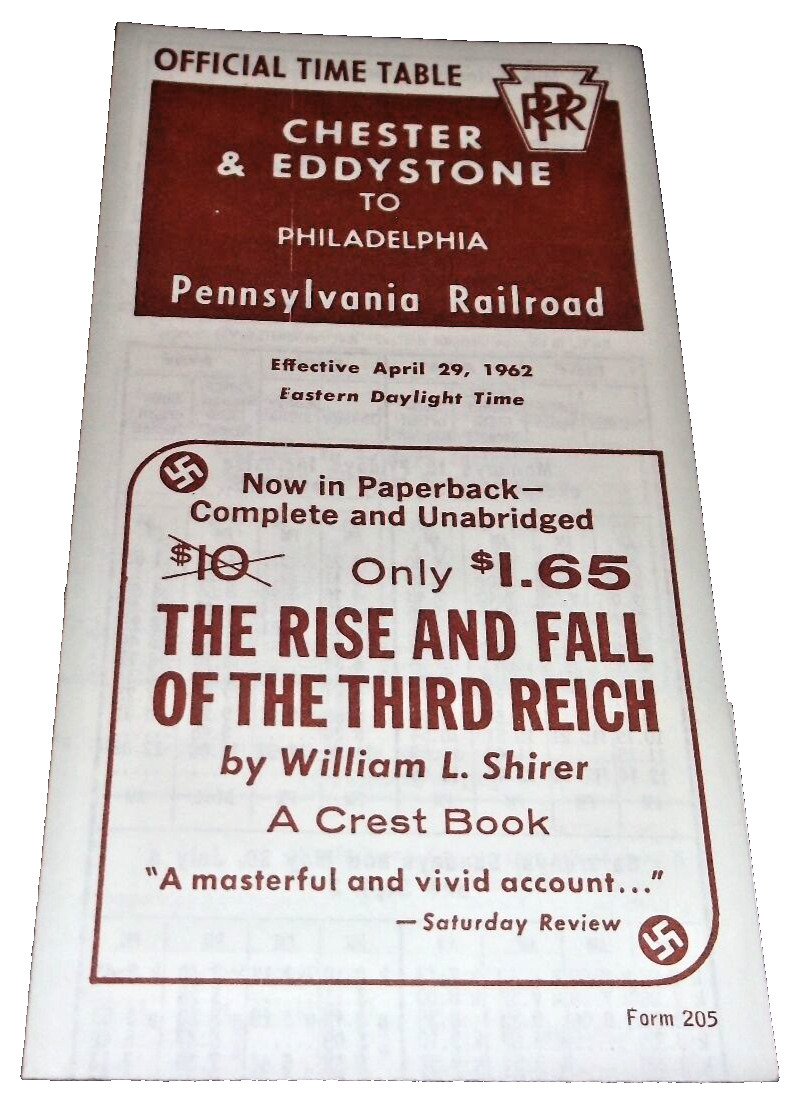 APRIL 1962 PRR CHESTER, PA EDDYSTONE, PA FORM 205 OFFICIAL TIME TABLE