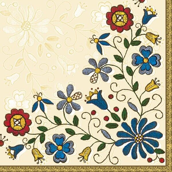 Two Individual Luncheon Decoupage Paper Napkins Folk Floral Linen Flowers