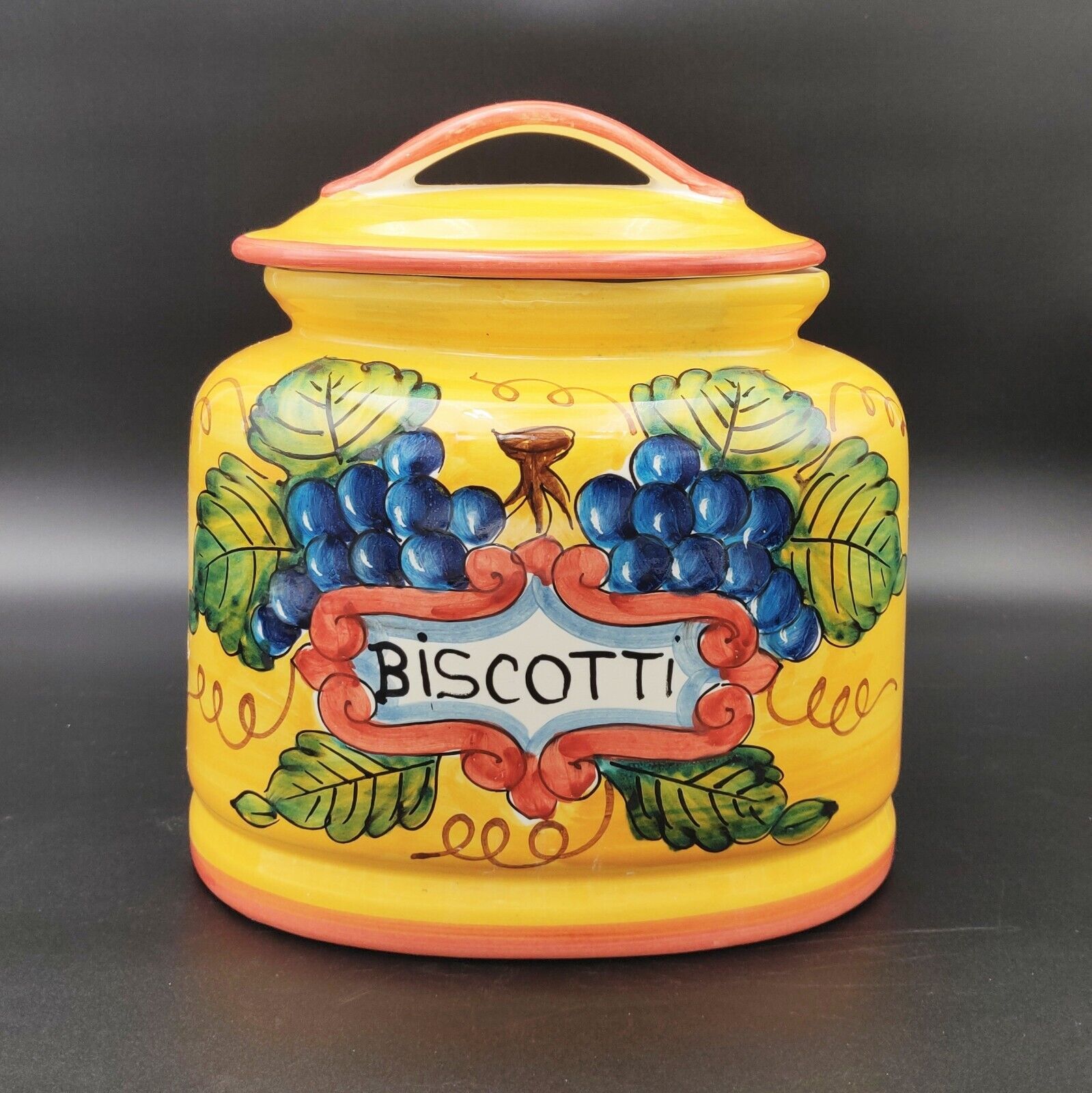 RARE “COSIMO PRIMO” Biscotti Grapes Cookie Jar Hand Painted Italy Large READ