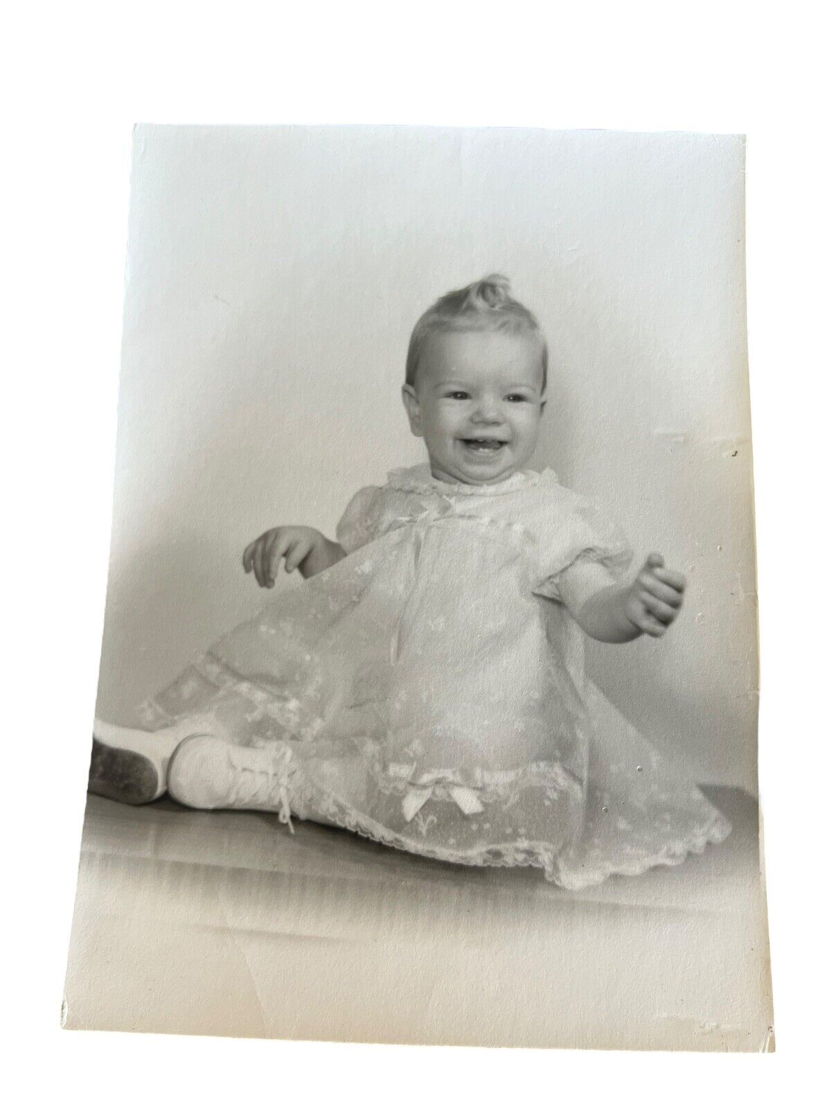 Vintage Antique? Adorable Baby in White Dress Sitting Front Curl Smiley
