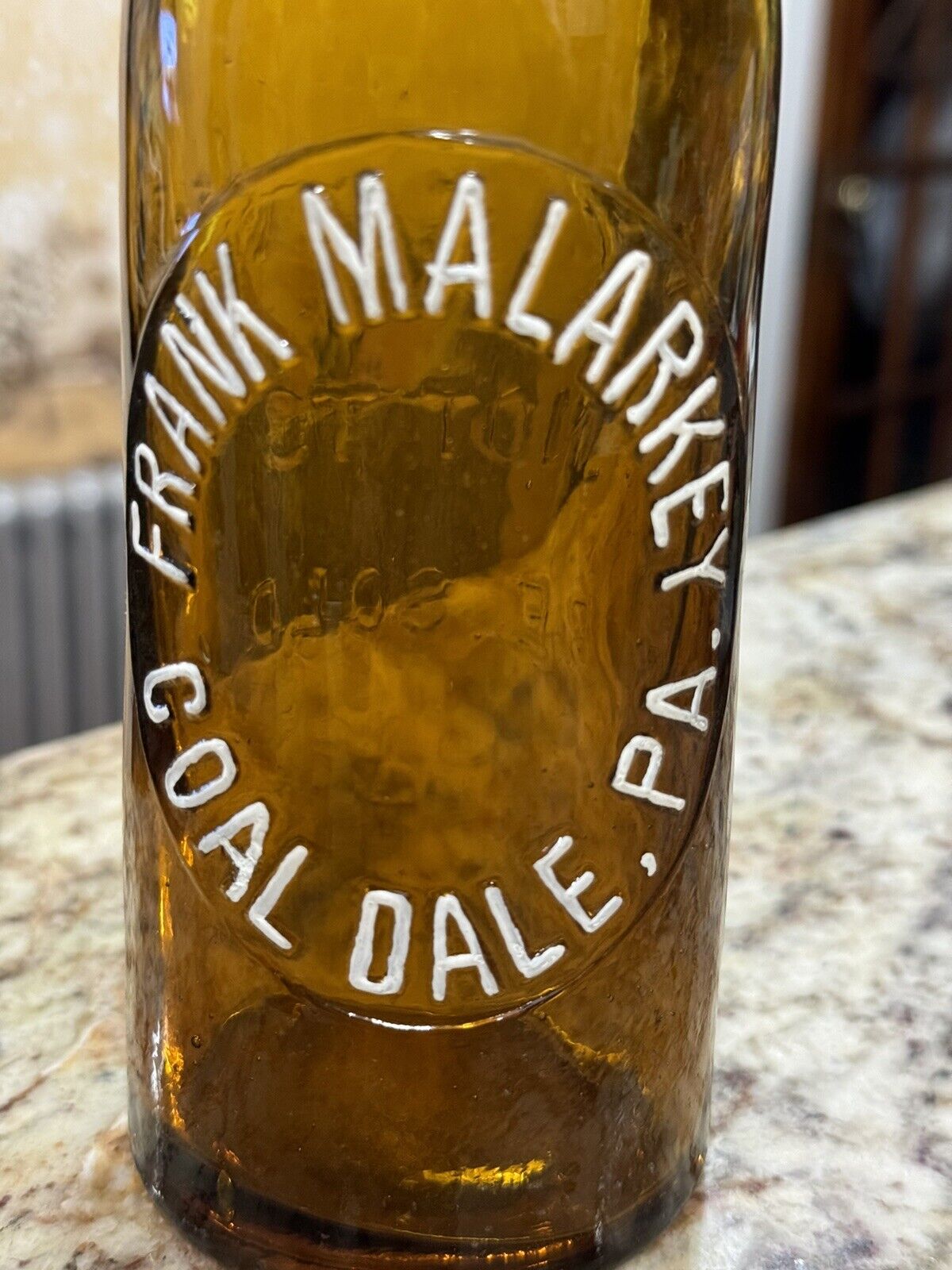vintage crown top slug plate amber bottle Frank Malarkey Coal Dale,Pa