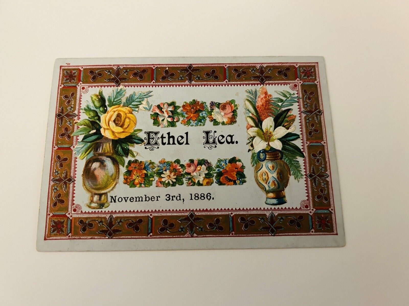 Victorian Visiting Card ETHEL LEA Stickers, Lovely Border Dated 1886