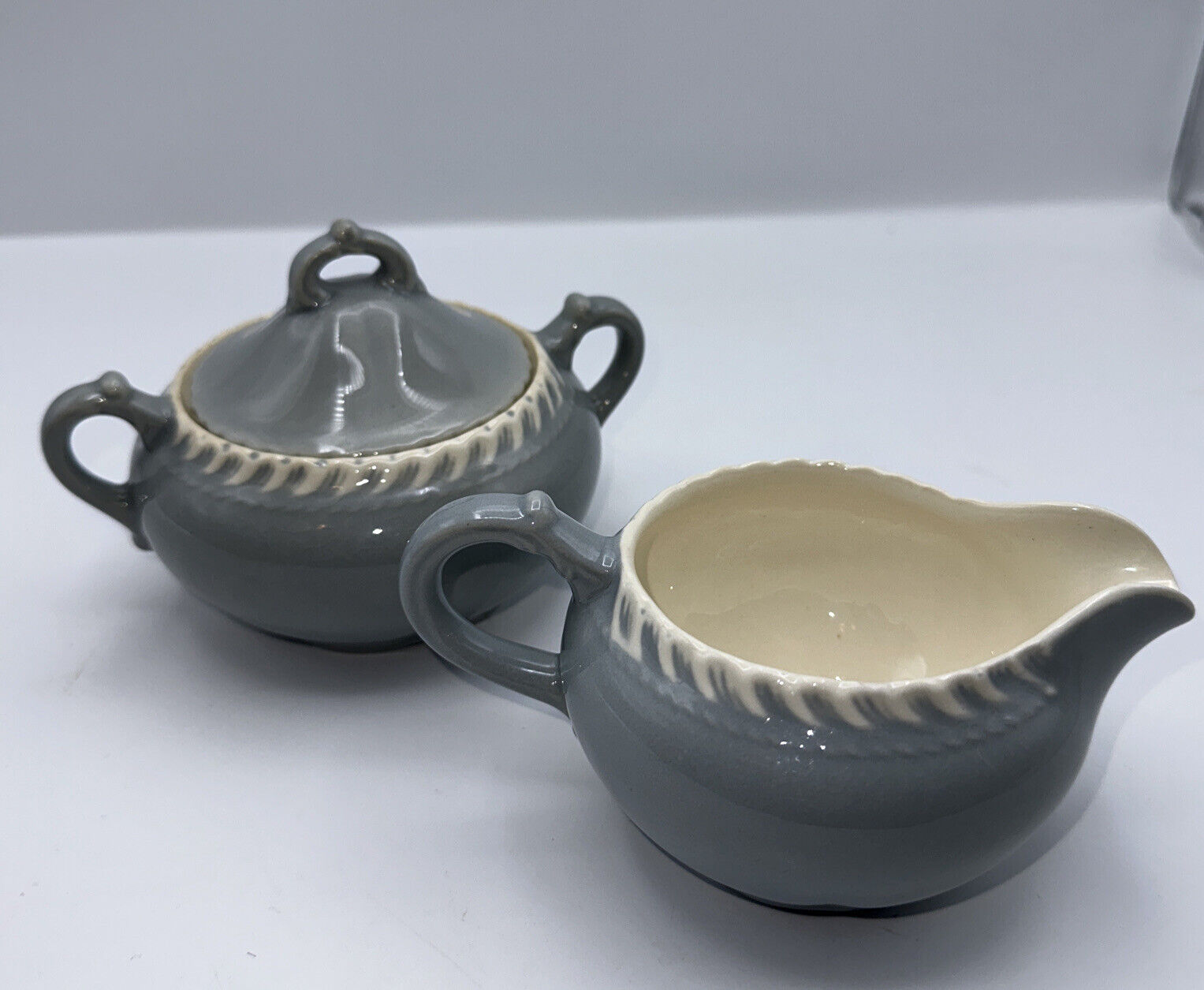 Vtg Antique Harker Ware Pottery Cream And Sugar w/Lid, Harker Grey
