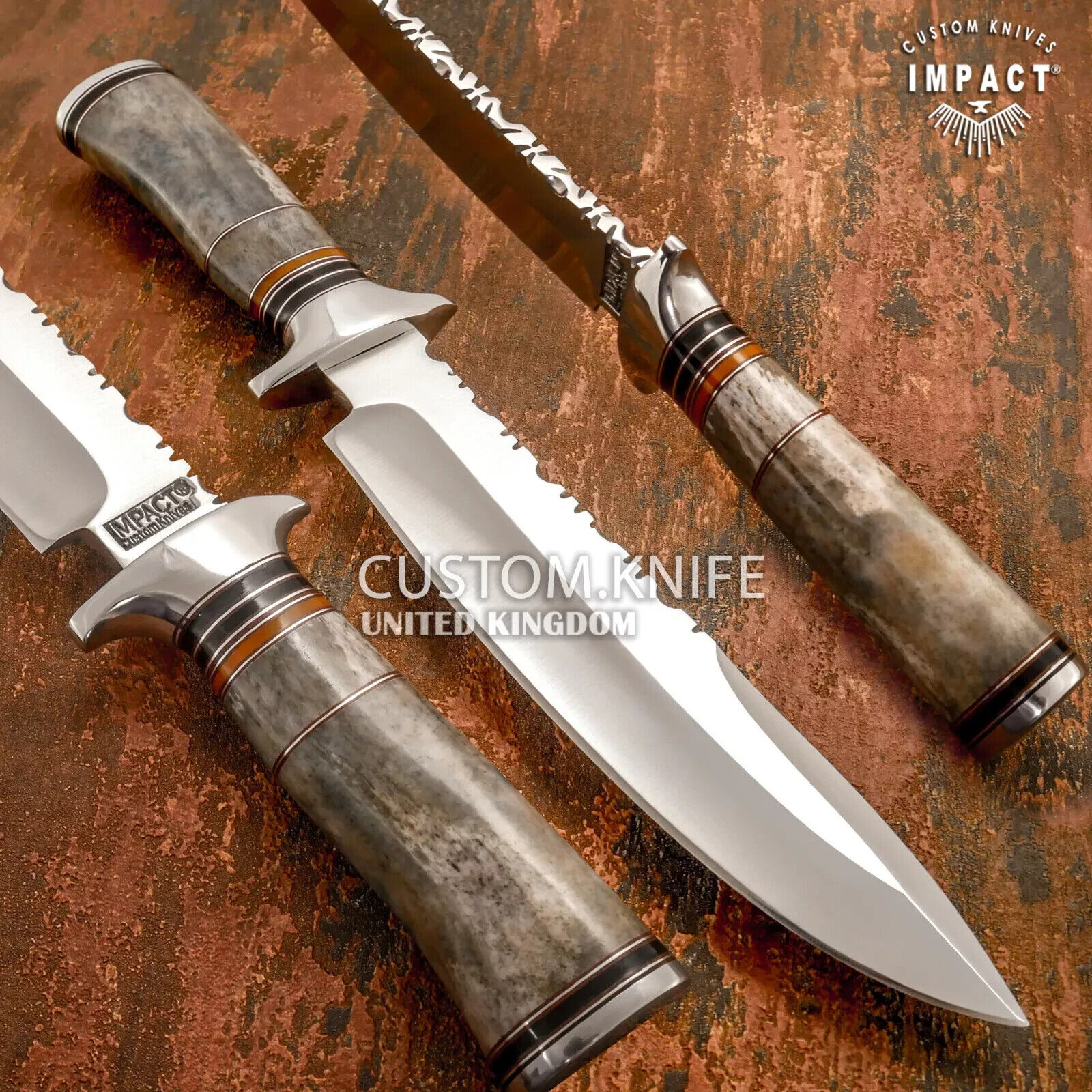 IMPACT CUTLERY CUSTOM HUNTING SURVIVAL BOWIE KNIFE CAMEL BONE HANDLE- 1741