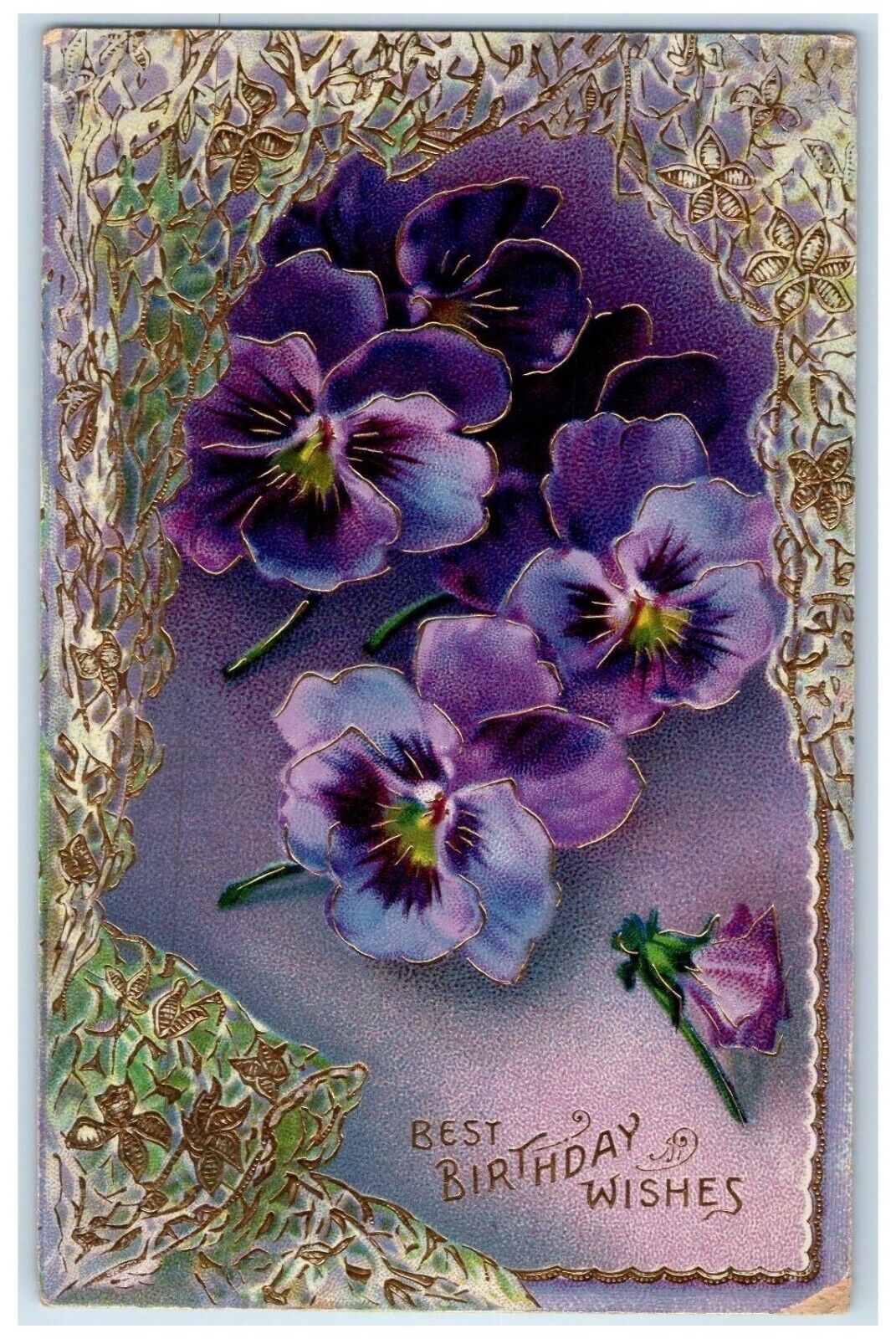 c1910's Birthday Wishes Flowers Gel Gold Gilt Embossed Posted Antique Postcard