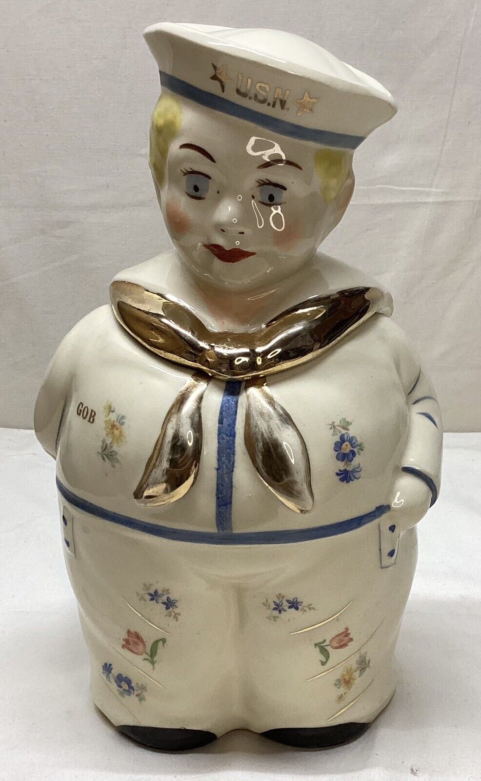 Vintage Rare SHAWNEE Pottery USN Sailor Boy GOB Gold Trim Flowers Cookie Jar WW2