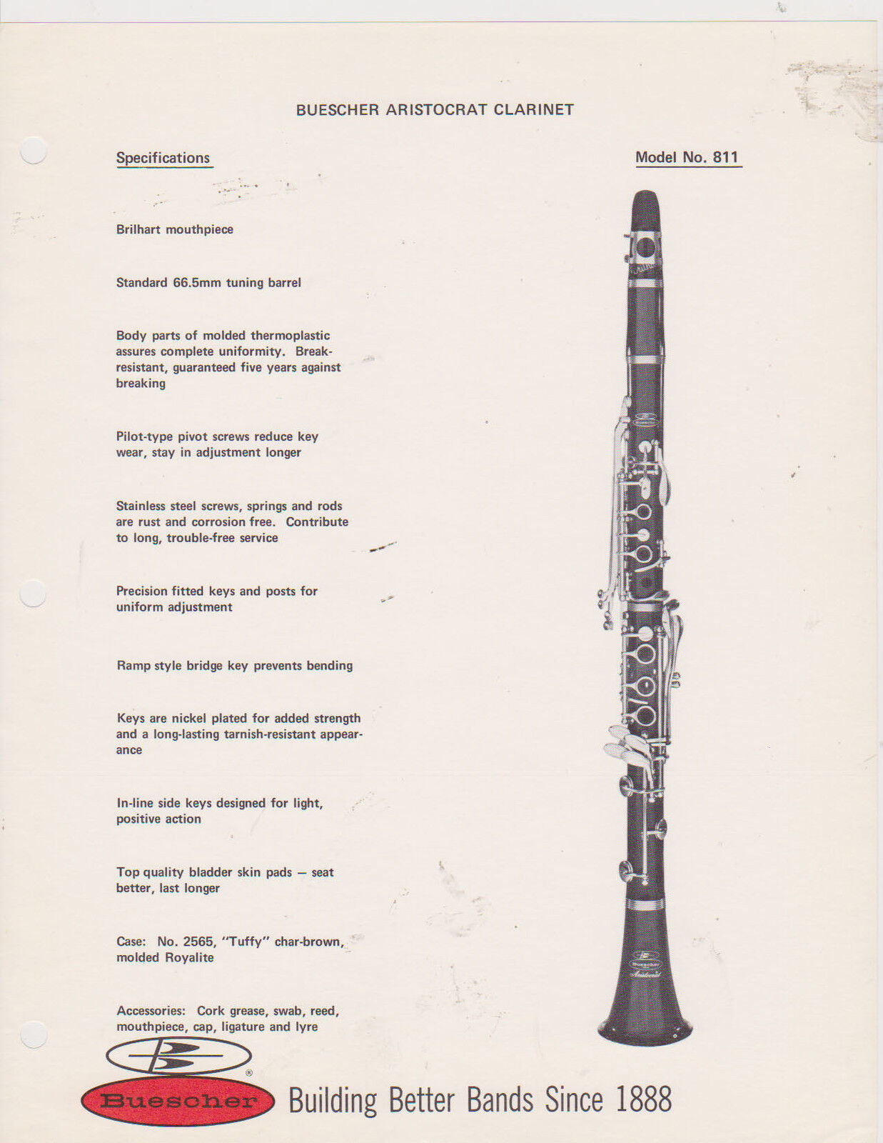 AD SHEET #2532 - 1970s BUESCHER MUSICAL INSTRUMENT - ARISTOCRAT CLARINET #811