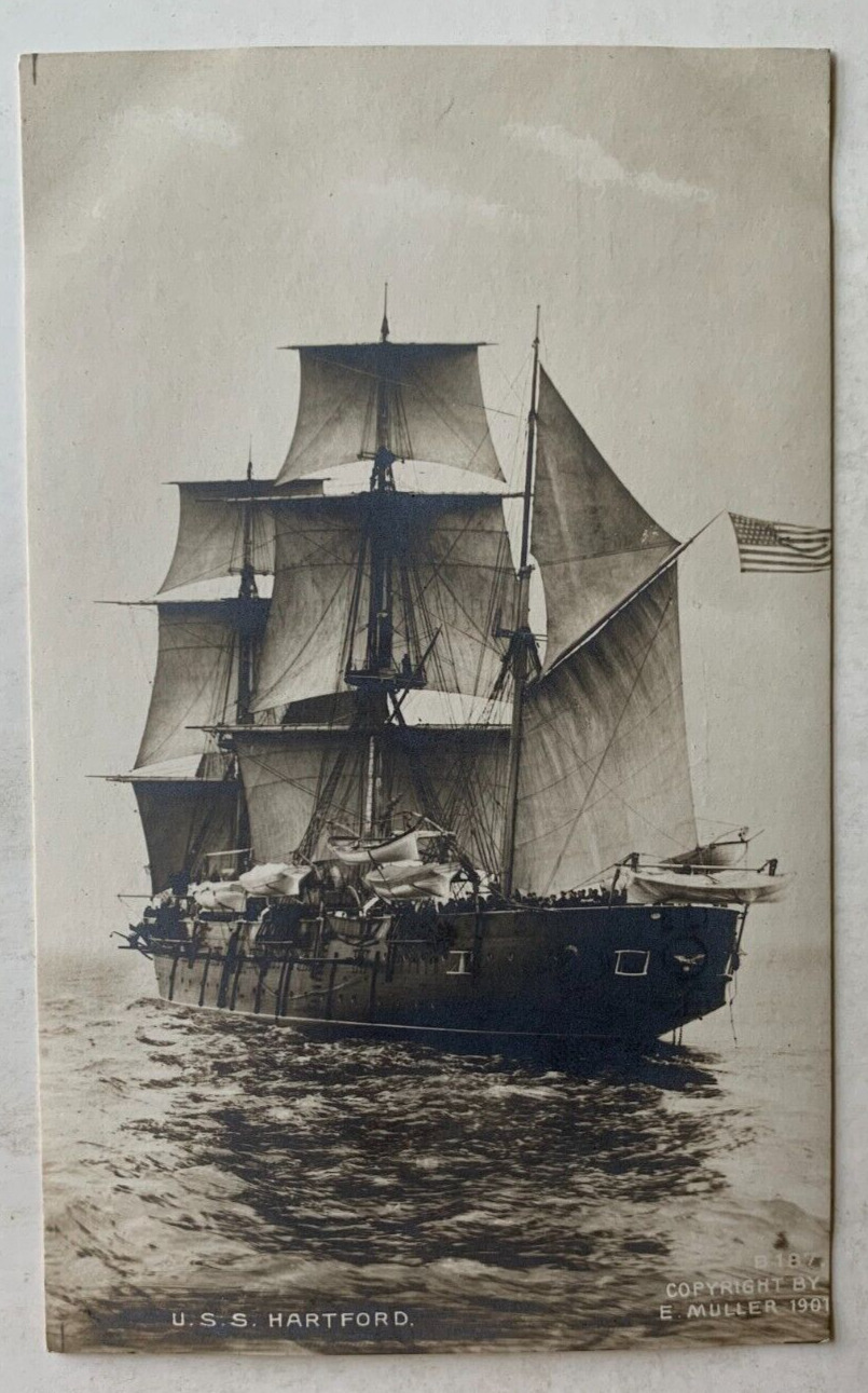 ca 1901 Sailing Ship RPPC Postcard USS Hartford US Navy E Muller Rotograph Co