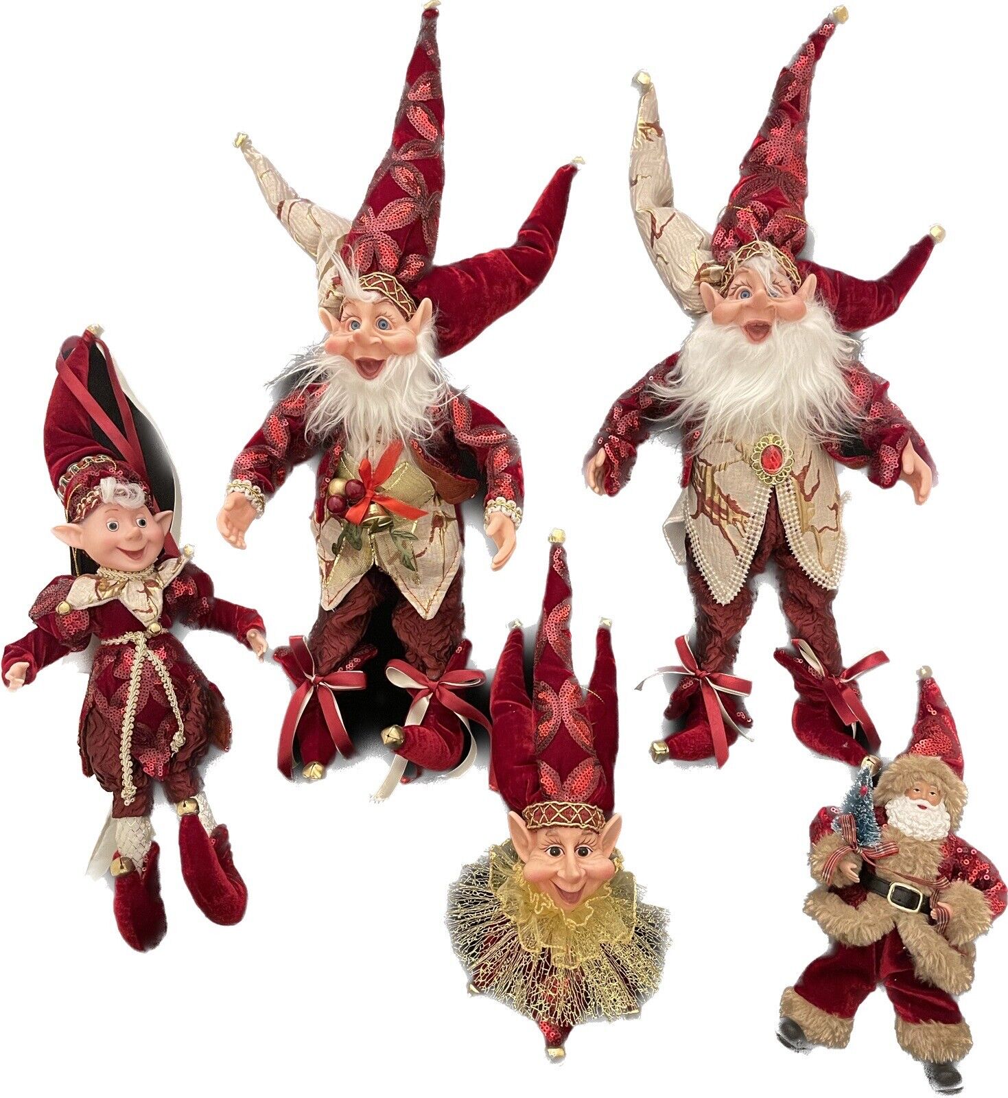 5PC Set - Christmas Handmade Holiday Posable Elves And Jester Figurines / Dolls