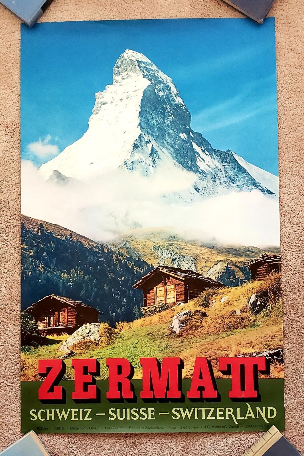 Vintage Original 1974 SWITZERLAND - ALPS Travel Poster art Zermatt AIRLINE ski