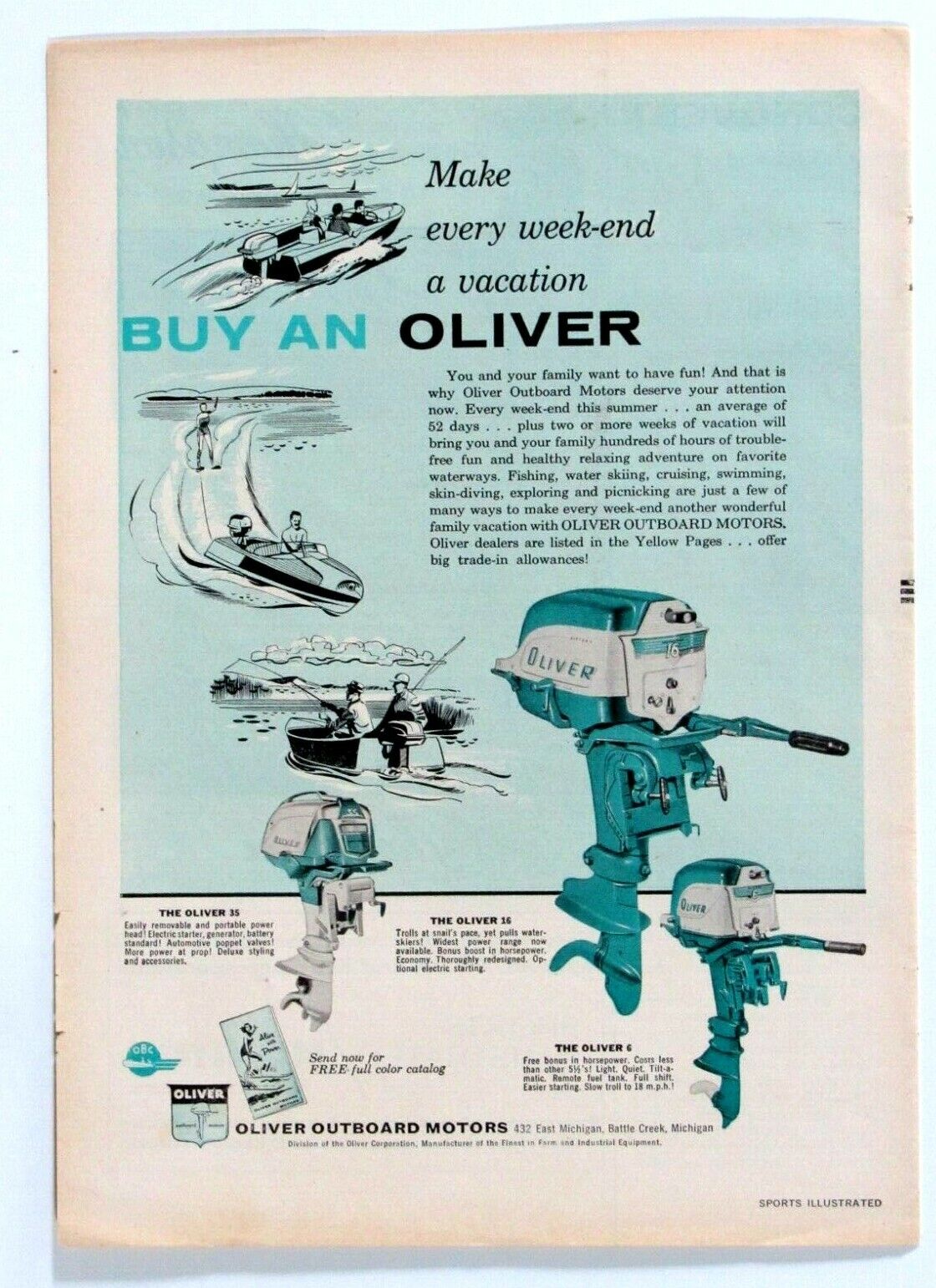 1957 Oliver 35-16 & 6 Make Every Week End A Vacation Original Print Ad 9 x 11\
