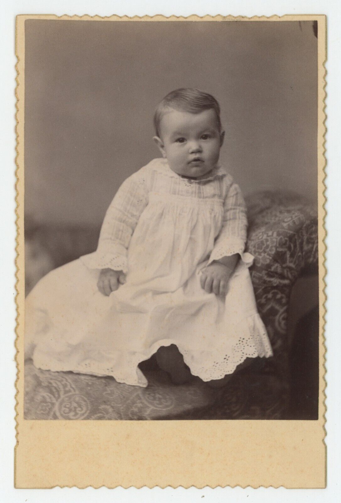 Antique Circa 1880s Cabinet Card Adorable Baby in White Dress Sitting on Chair